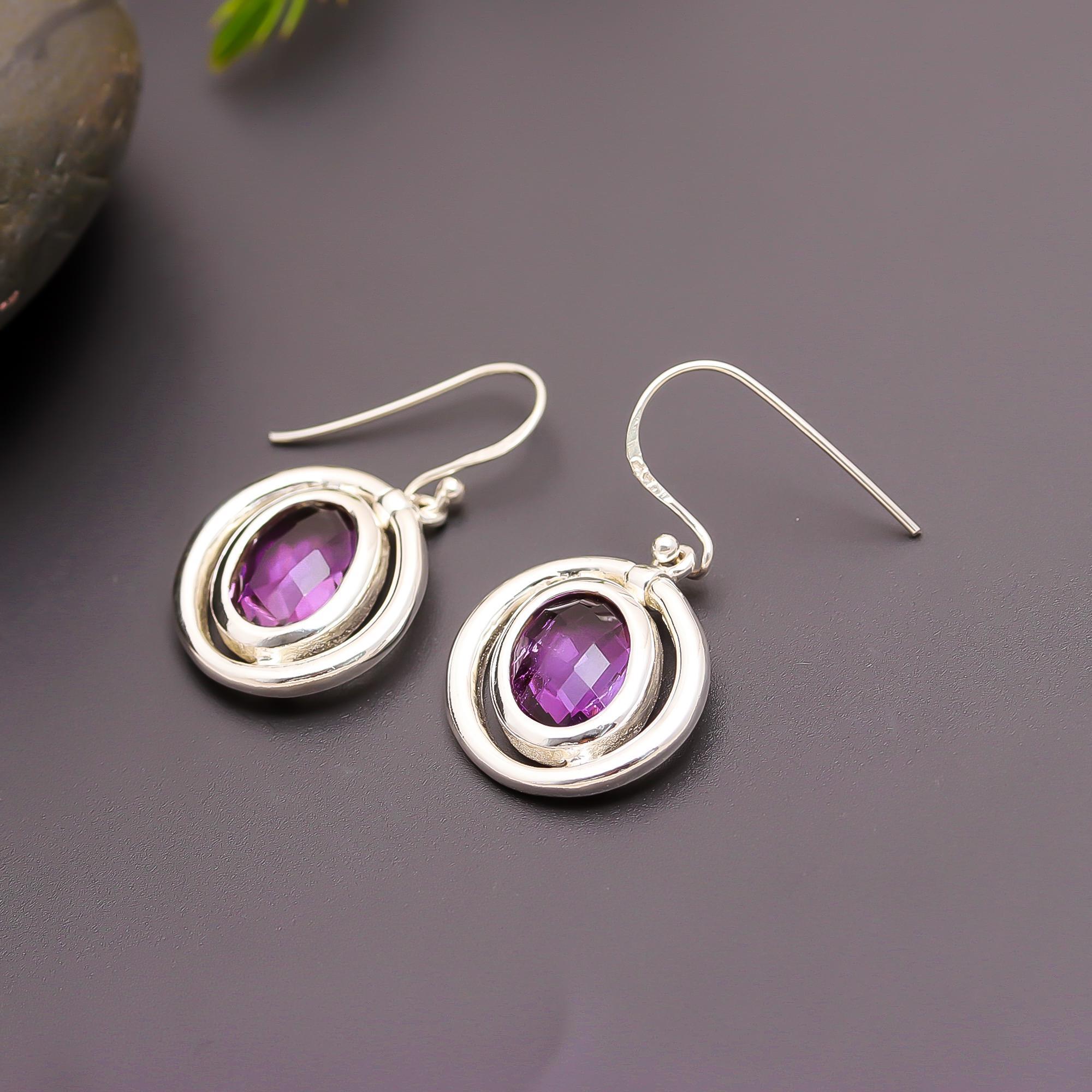 925 Silver Round Amethyst Drop Earrings