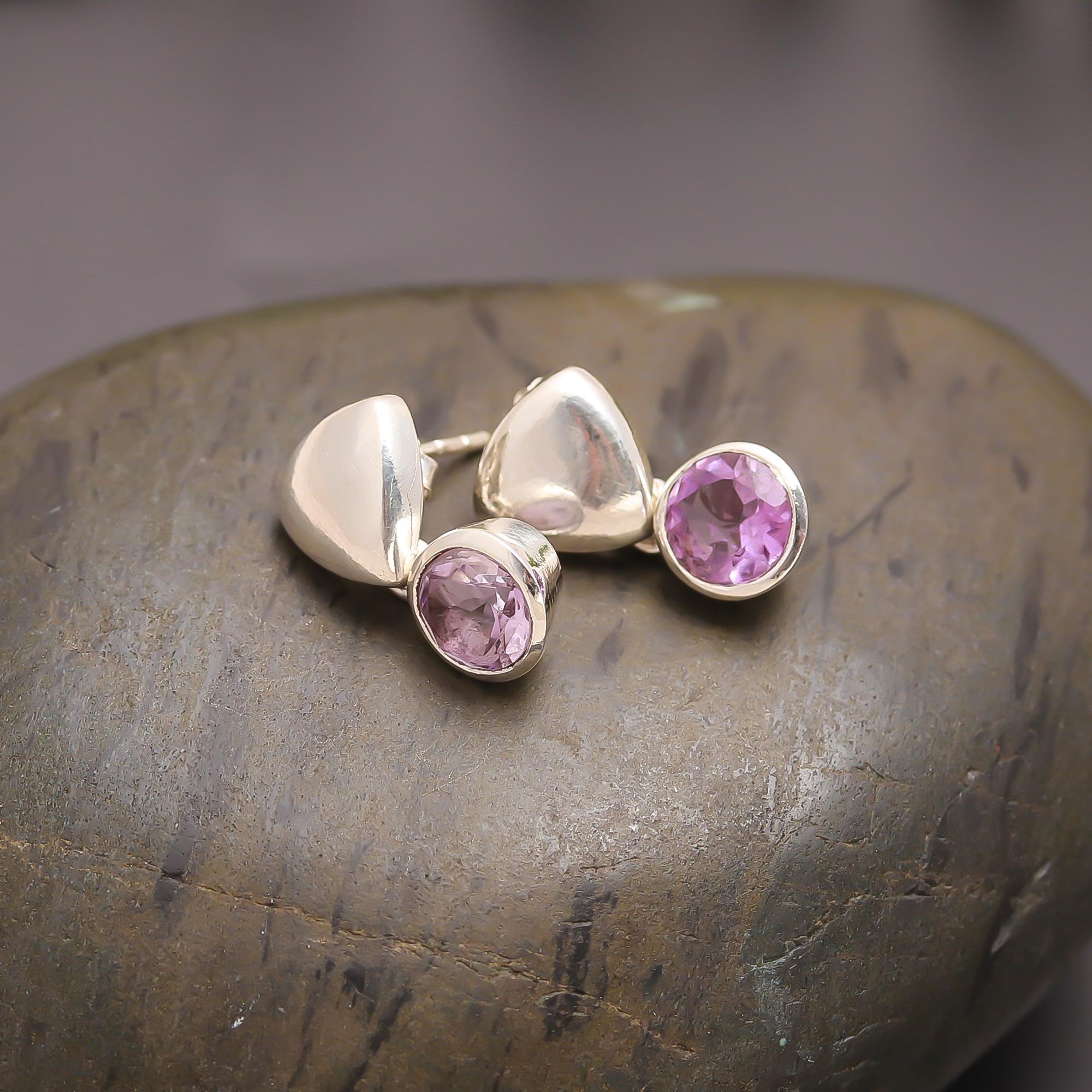 925 Silver Amethyst Round Drop Earrings