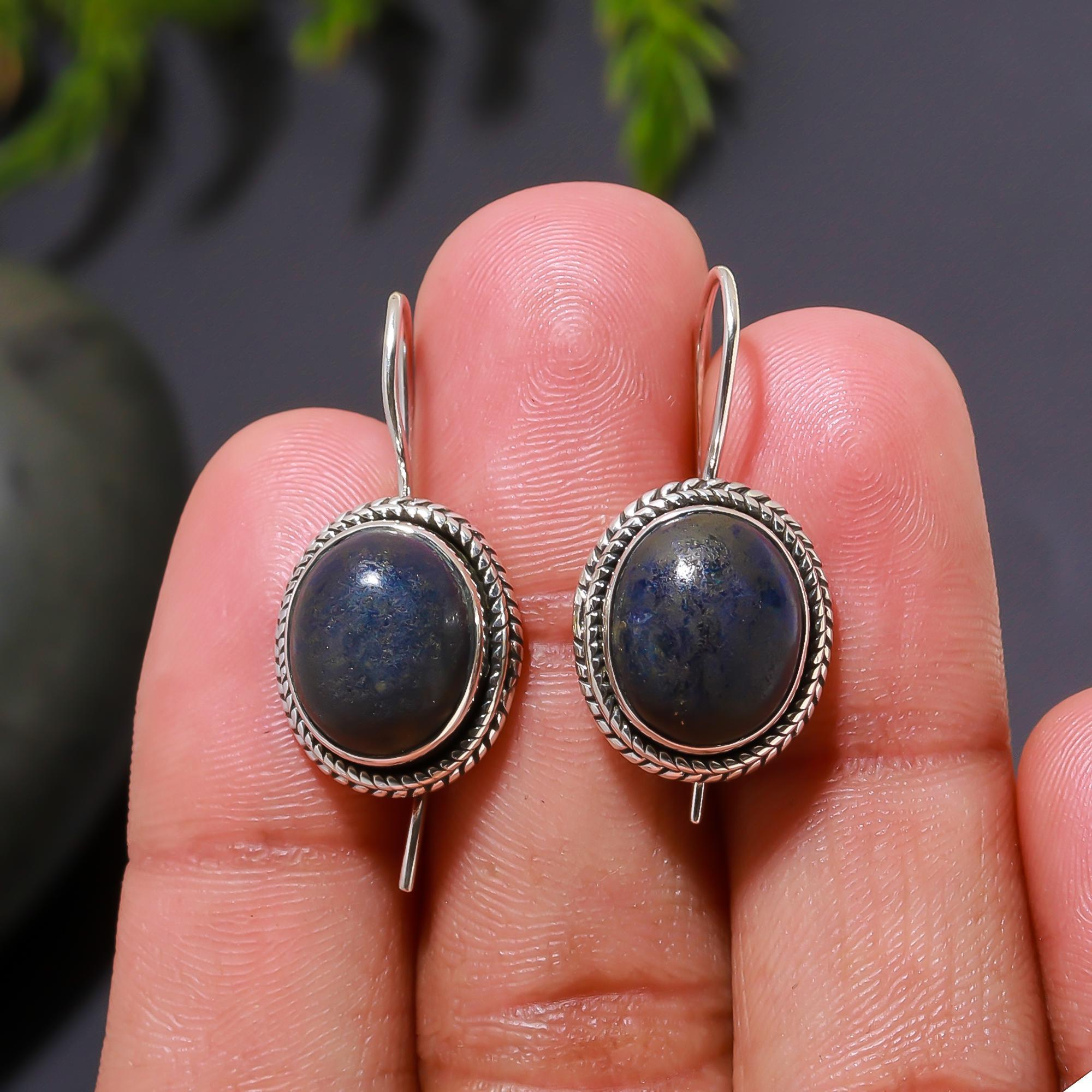 925 Silver Oval Lapis Lazuli Drop Earrings