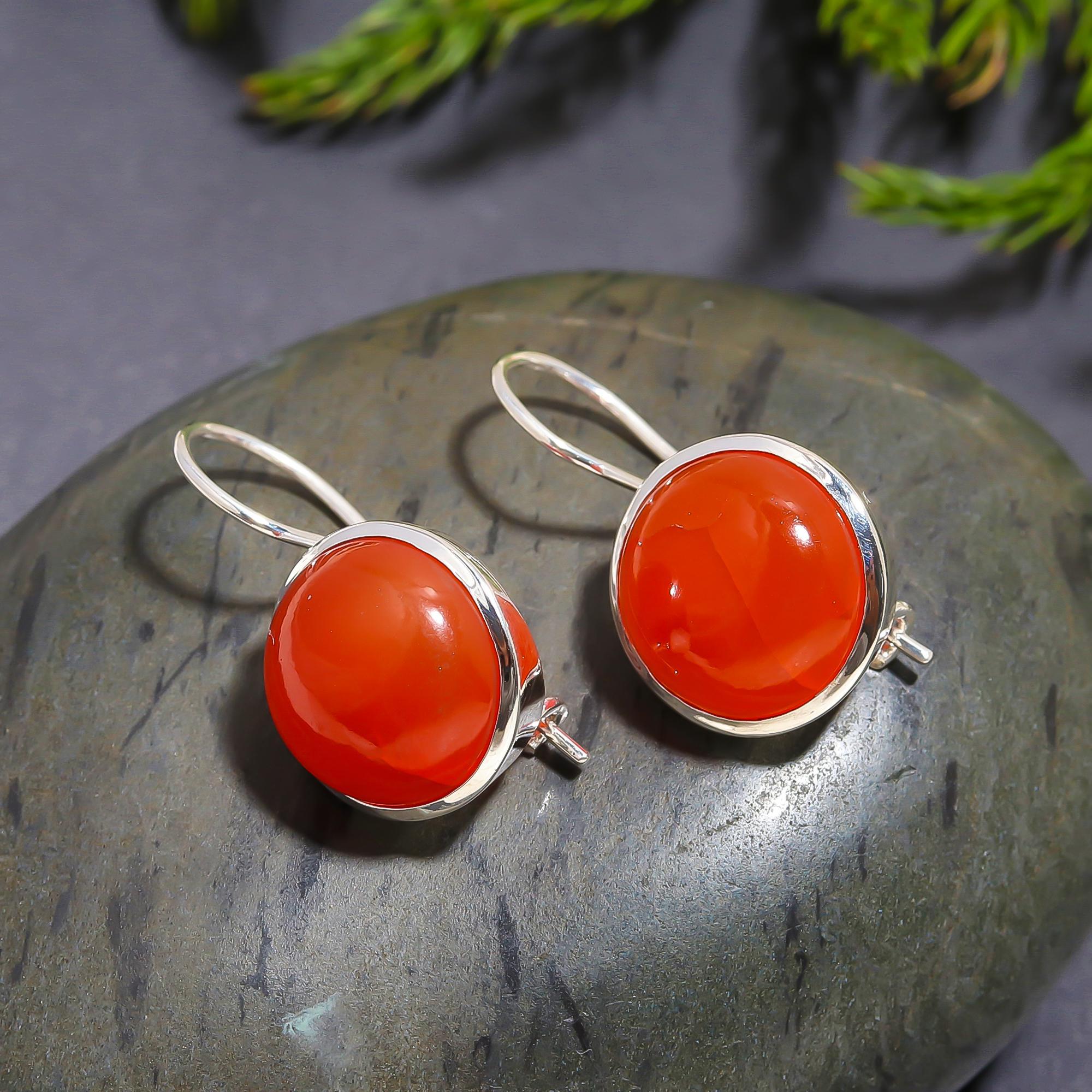 925 Silver Round Carnelian Drop Earrings