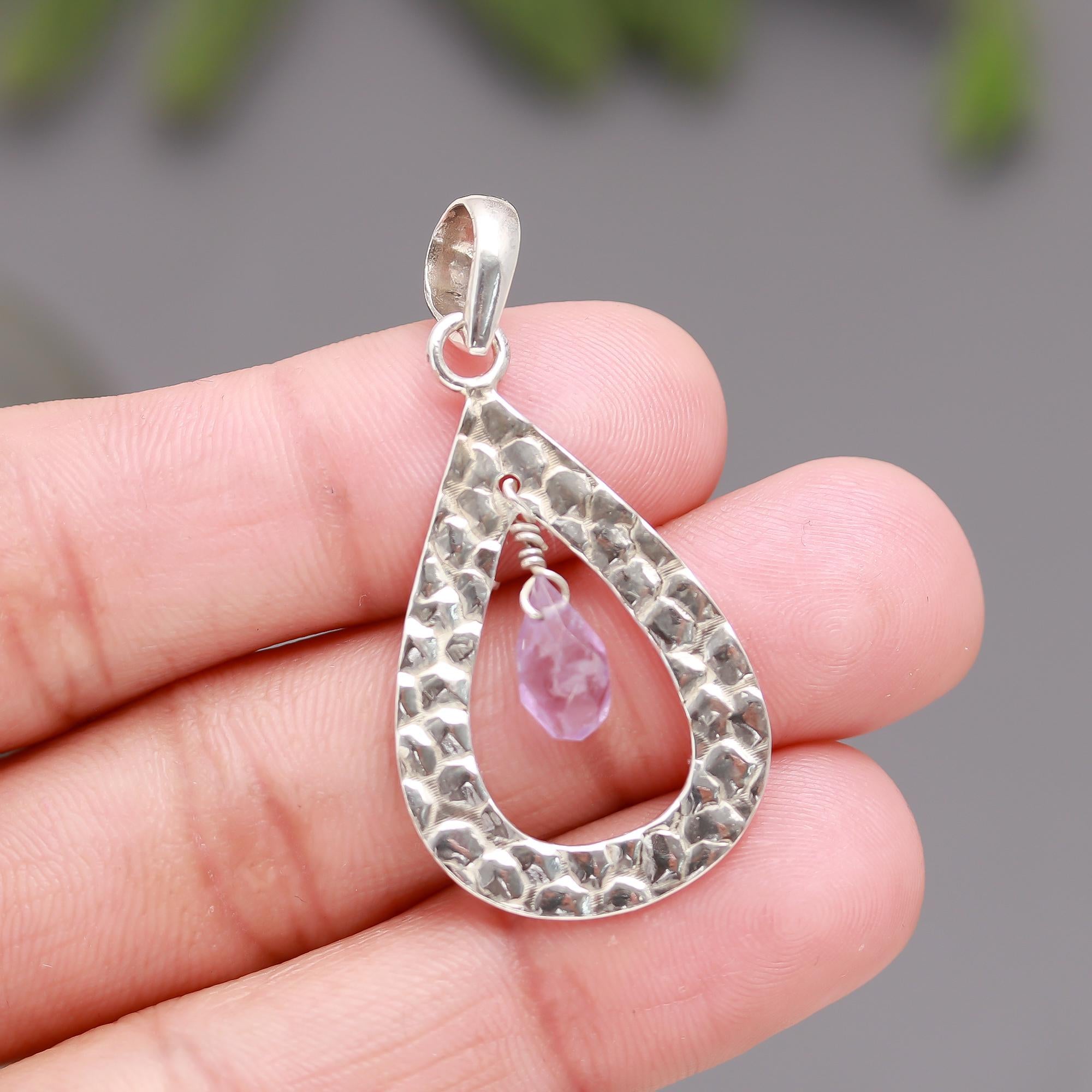 925 Silver Hammered Teardrop Amethyst Drop Pendant