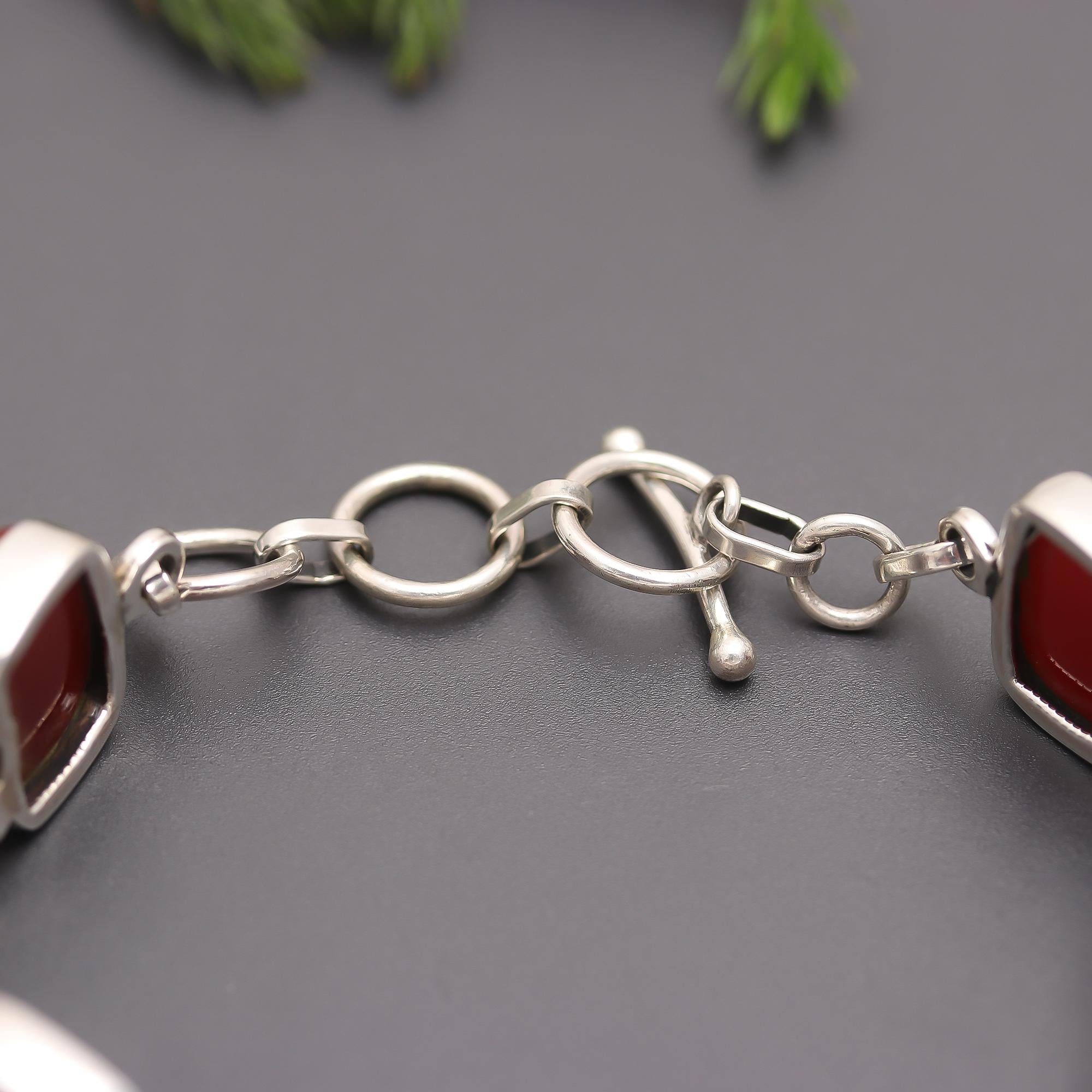 925 Sterling Silver Red Carnelian Link Bracelet