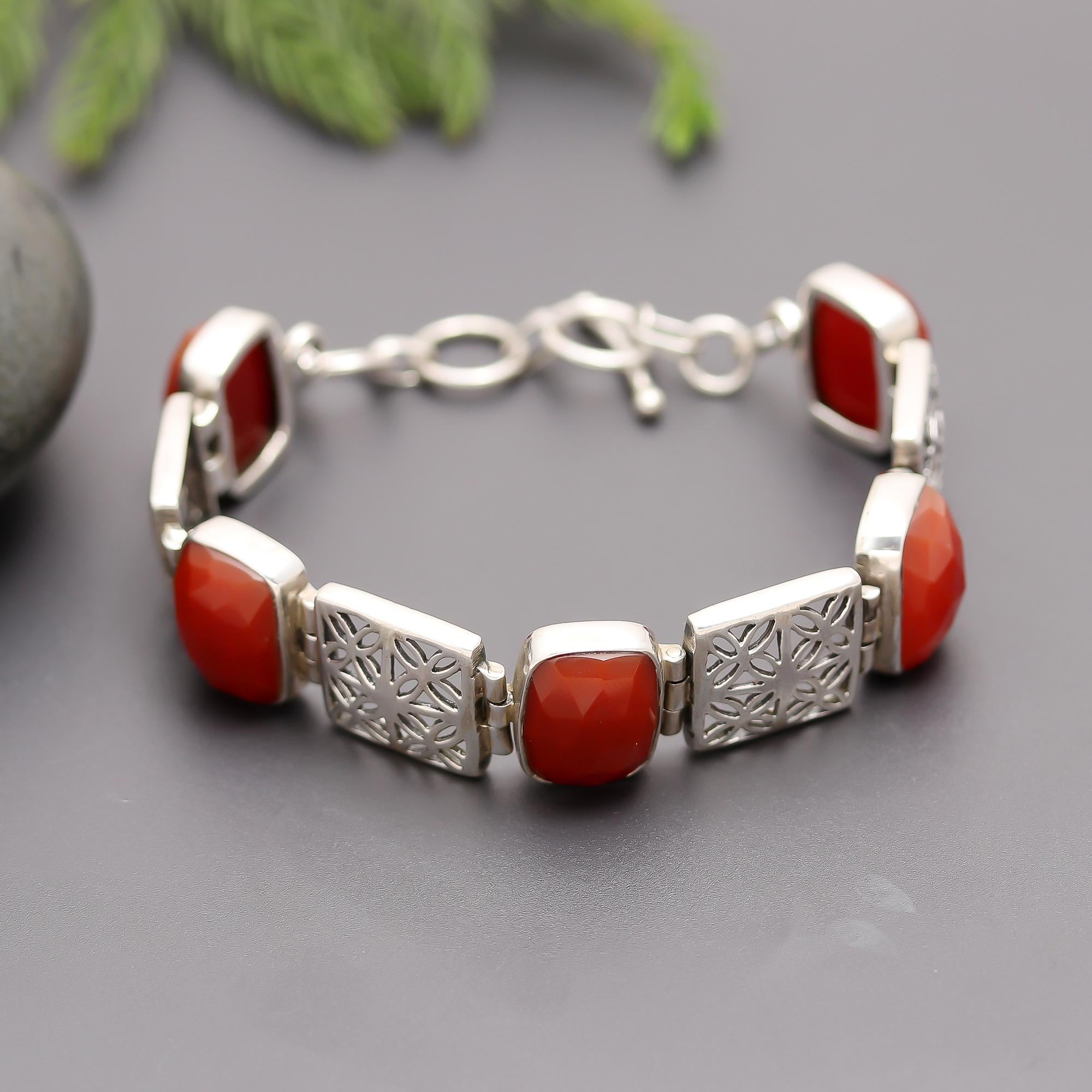 925 Sterling Silver Red Carnelian Link Bracelet