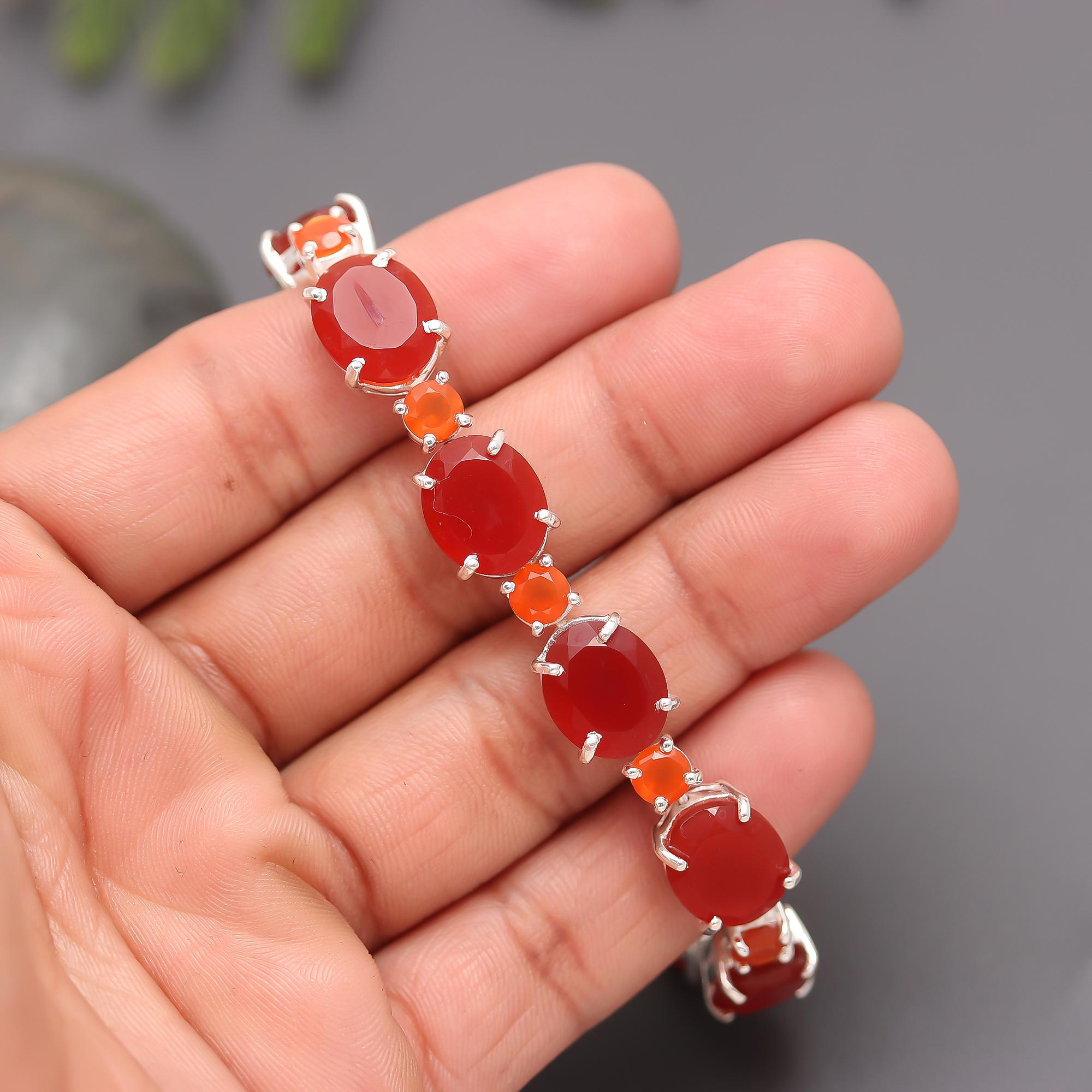 925 Silver Fiery Carnelian Link Bracelet