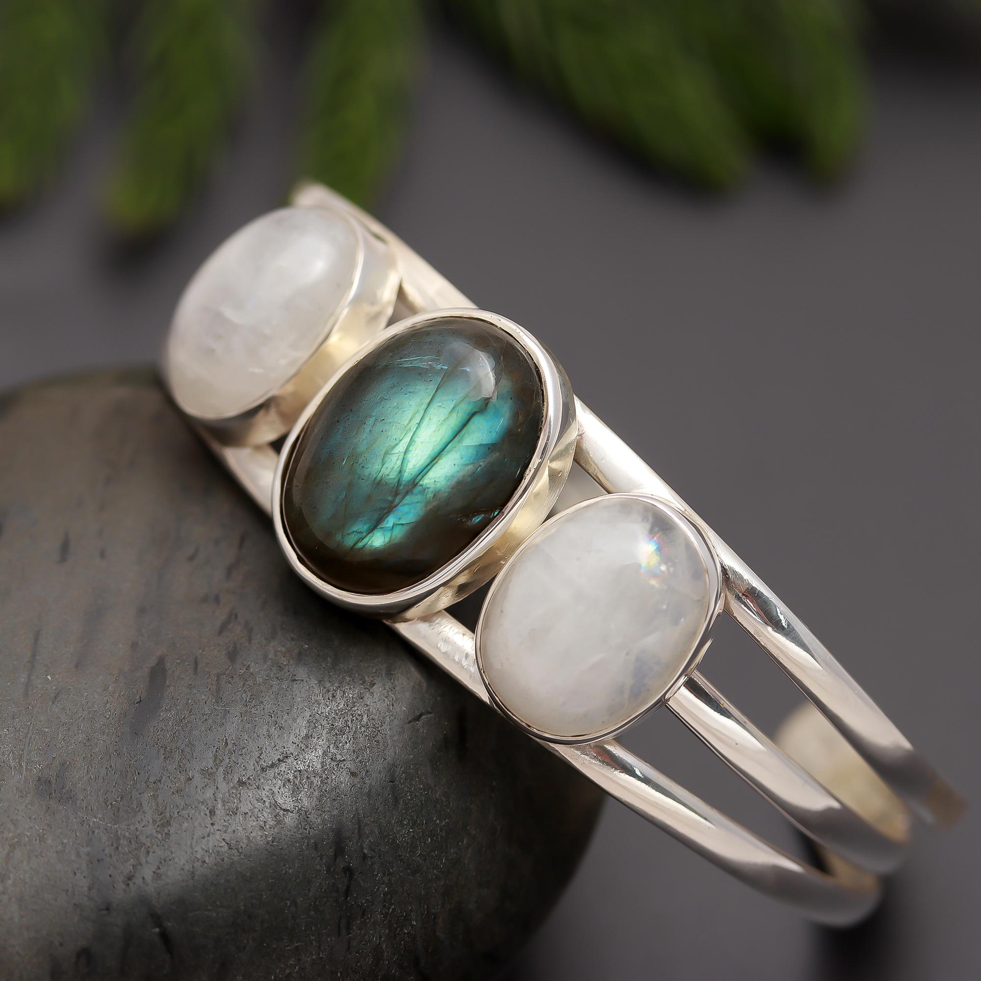 925 Silver Labradorite & Moonstone Cuff Bracelet
