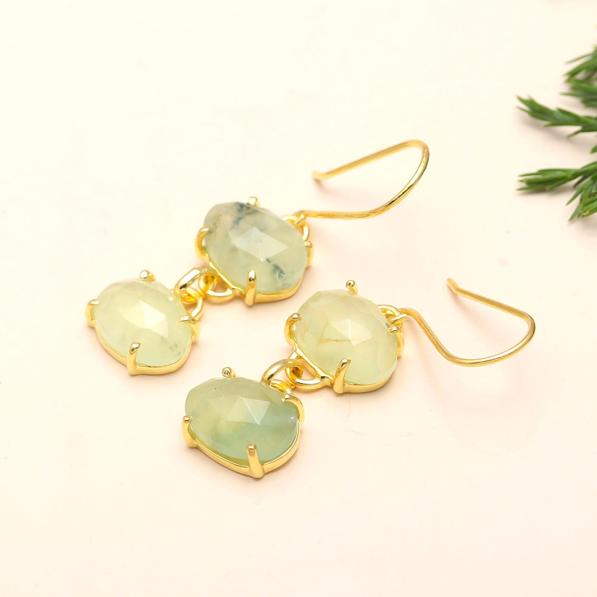 925 Silver Prehnite Dangle Earrings