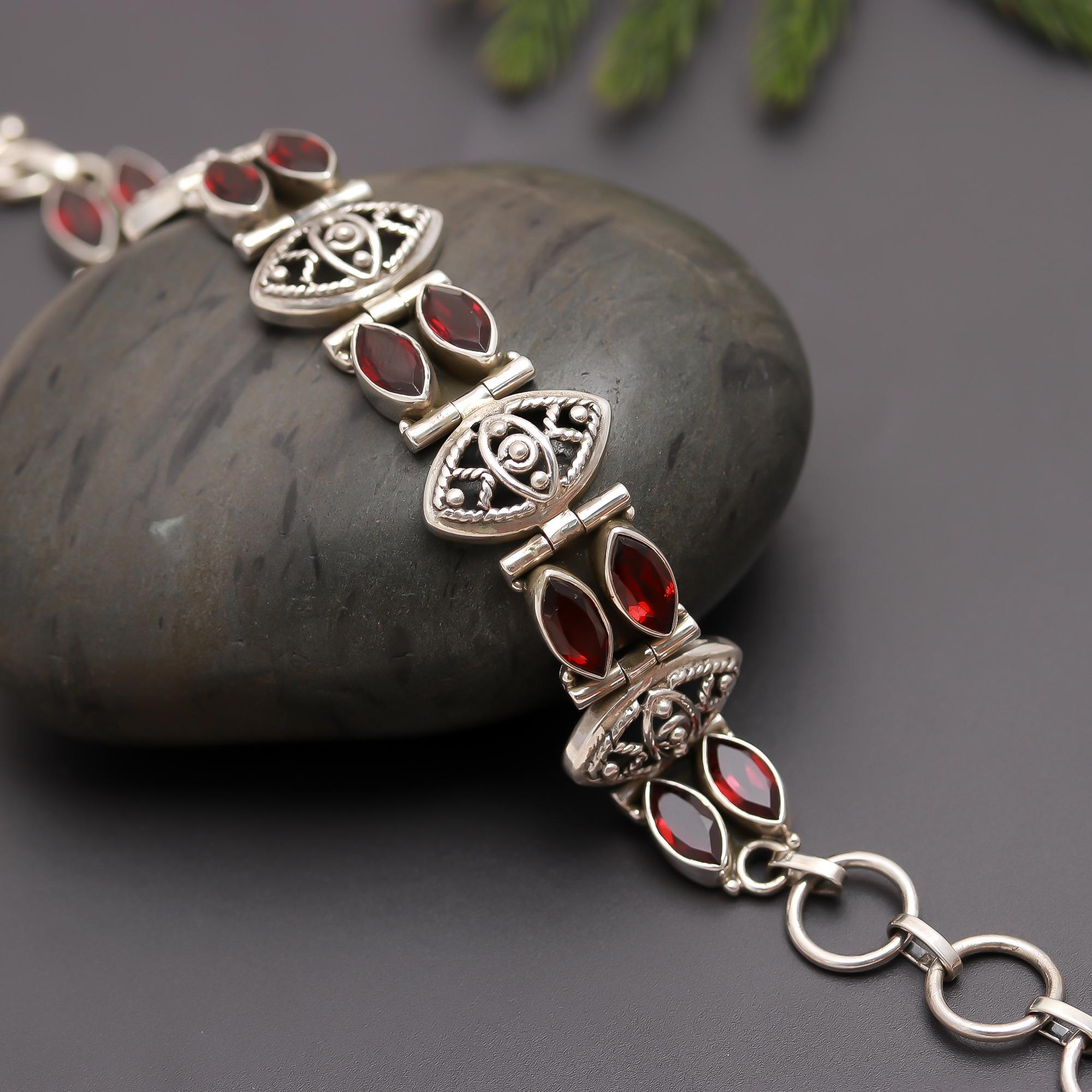 925 Silver Marquise Garnet Link Bracelet