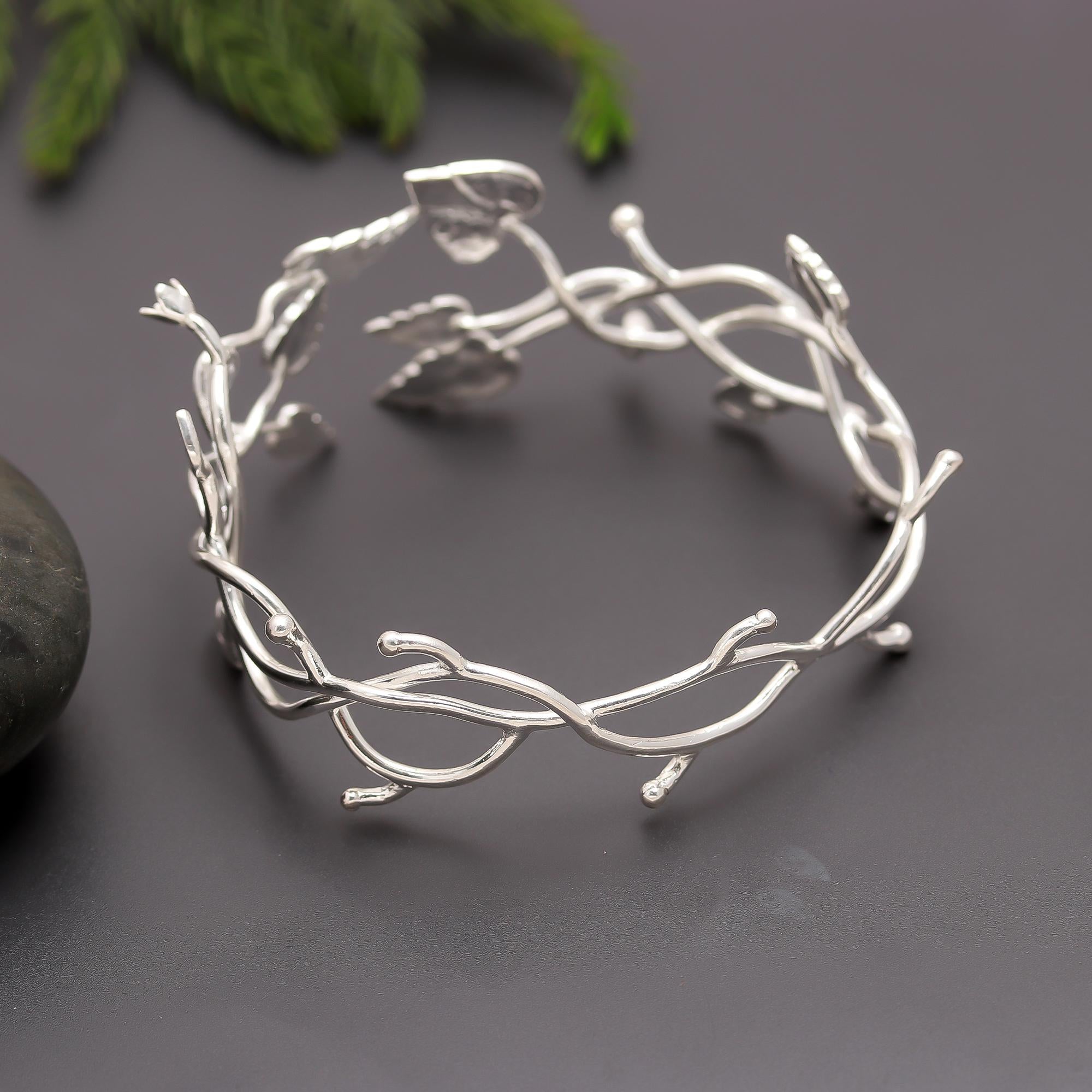 925 Silver Nature-Inspired Leafy Vine Cuff Bracelet