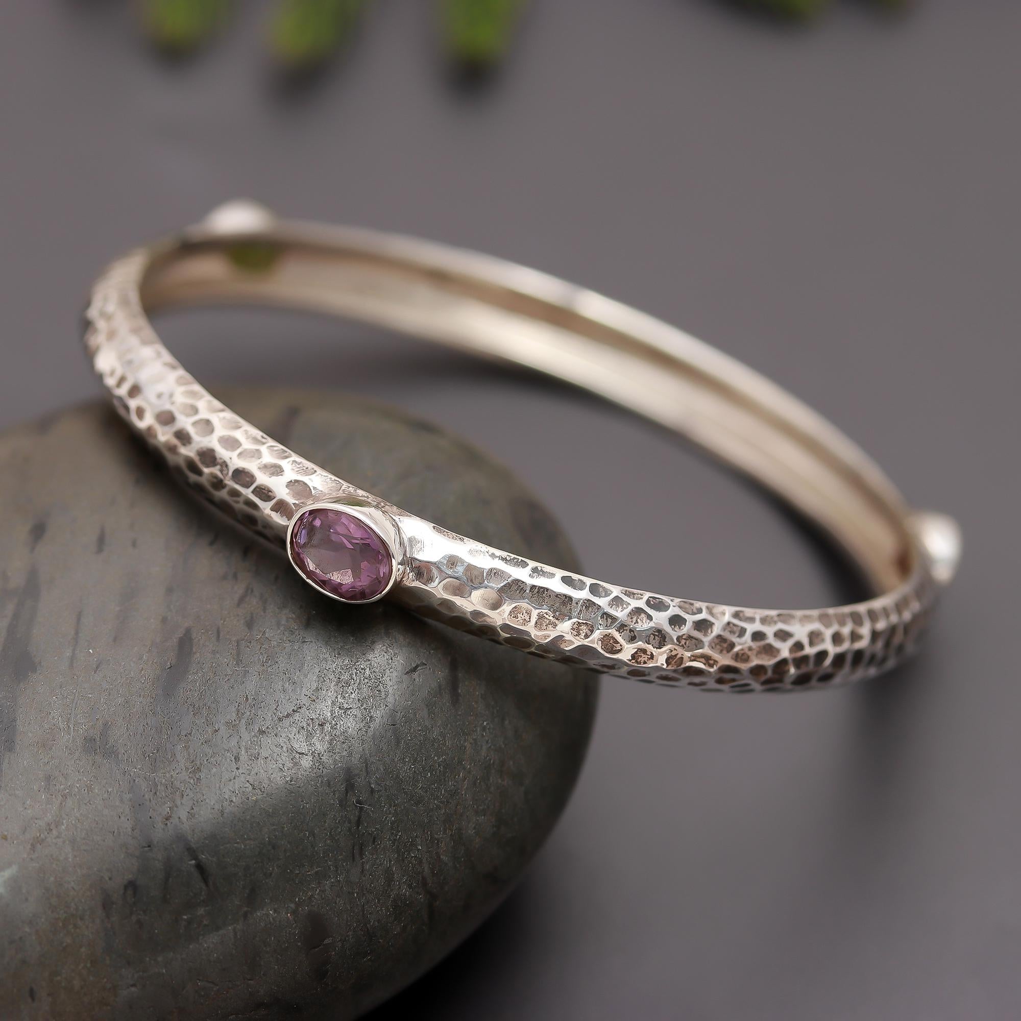 925 Silver Garnet Hammered Bangle
