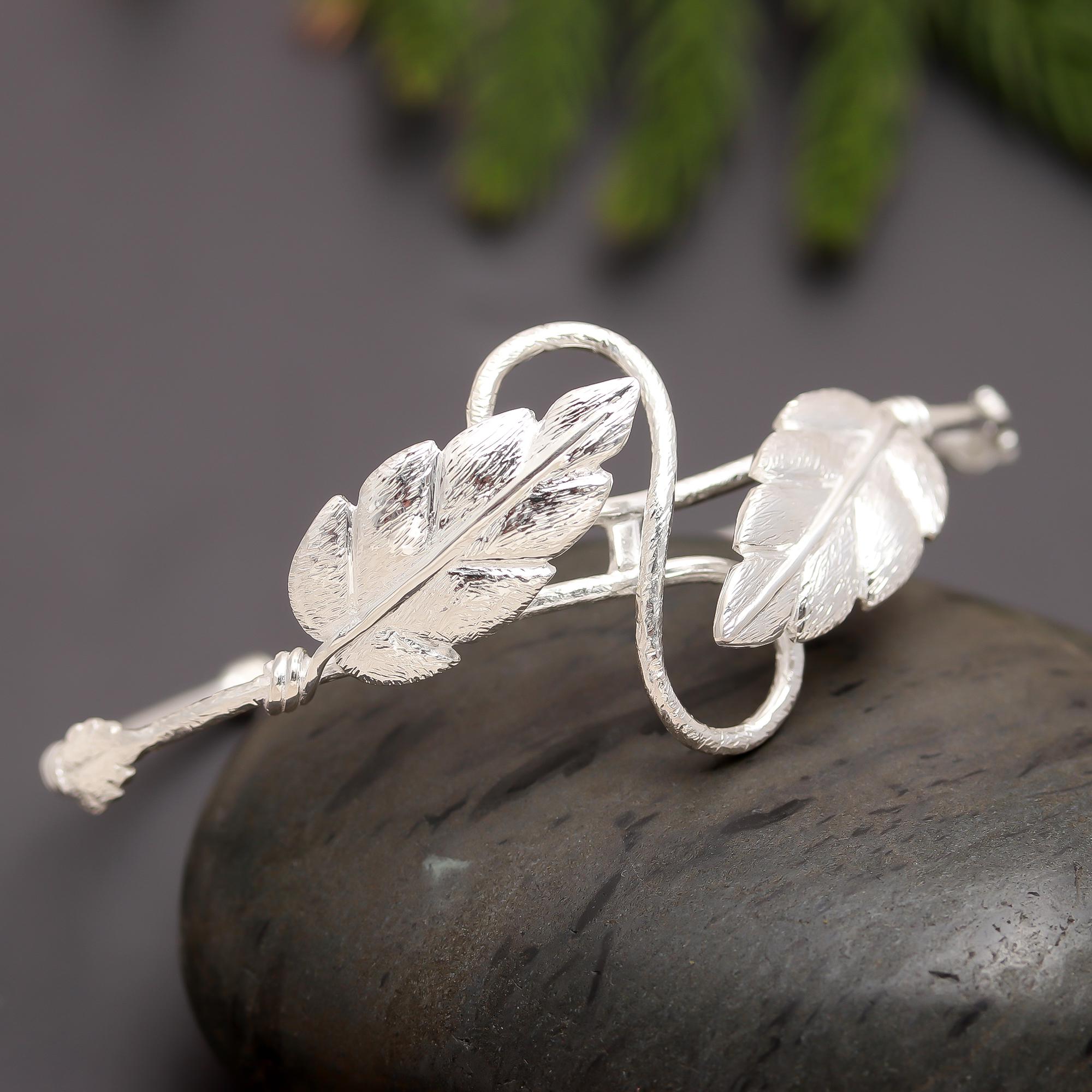 925 Silver Feather Leaf Adjustable Cuff Bracelet