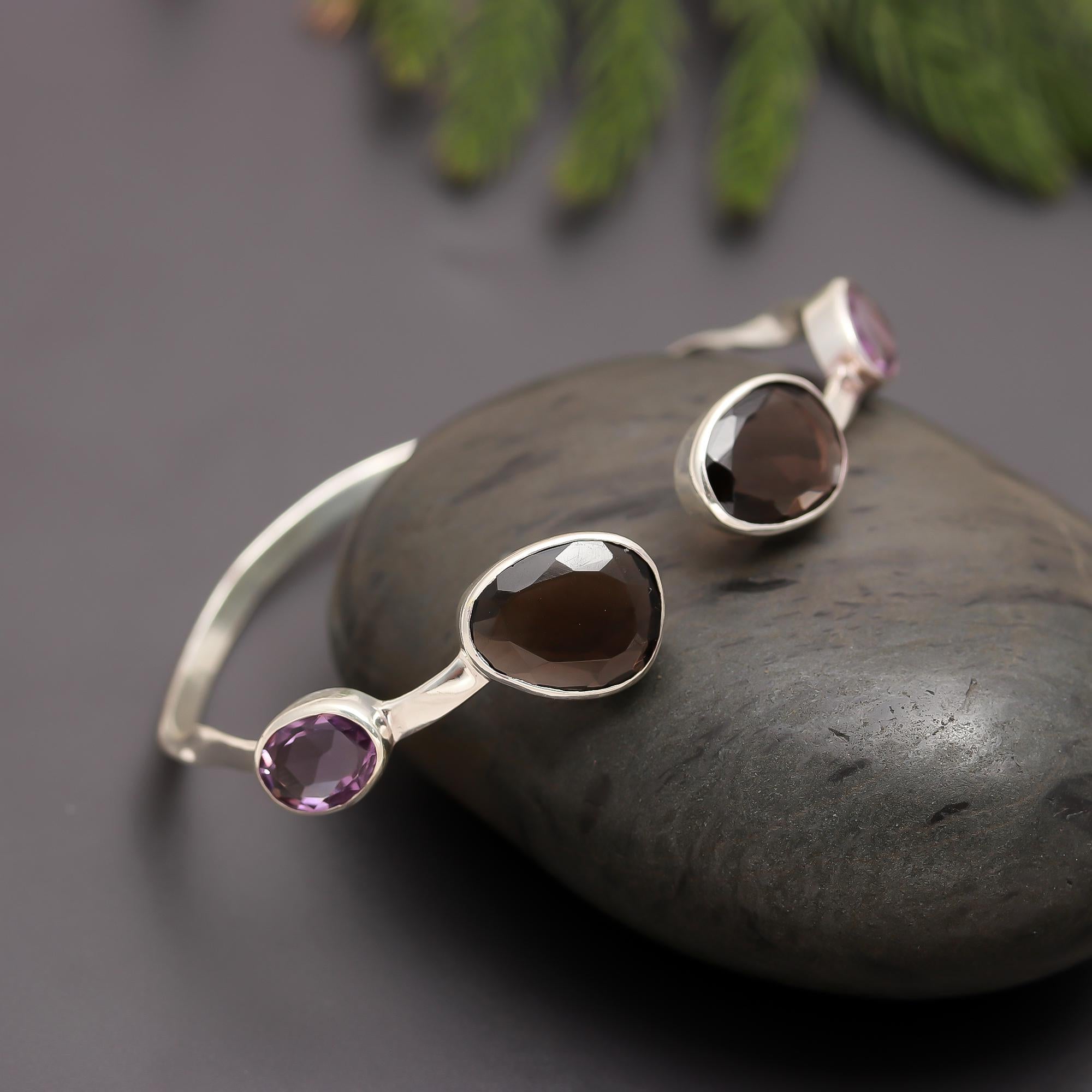 925 Silver Smoky Quartz & Amethyst Cuff Bracelet