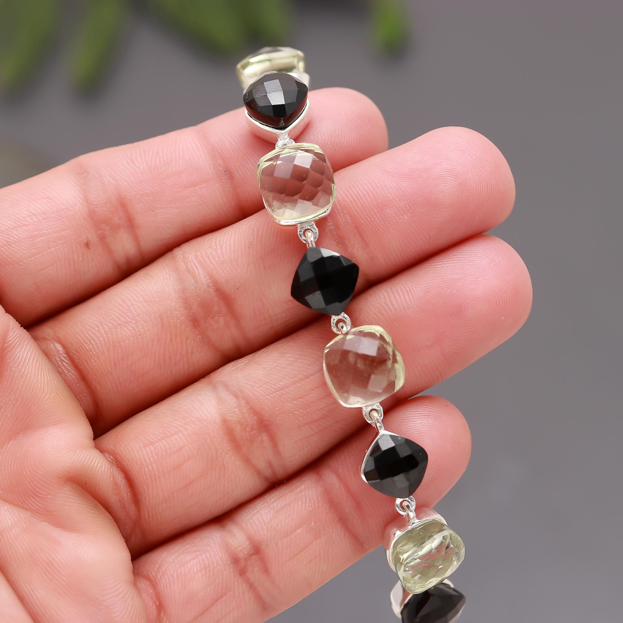 925 Silver Quartz & Onyx Link Bracelet