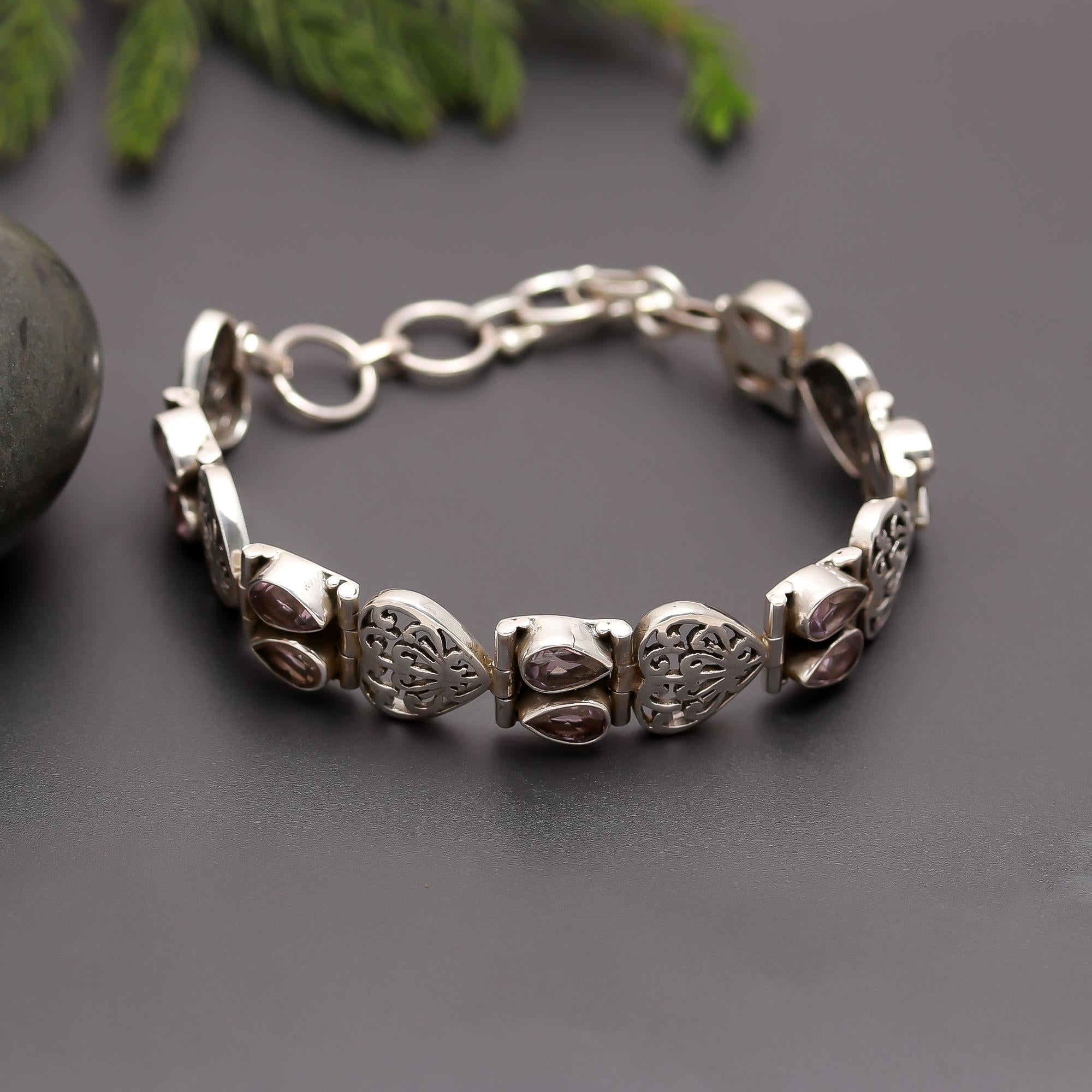925 Silver Floral Filigree Amethyst Bracelet