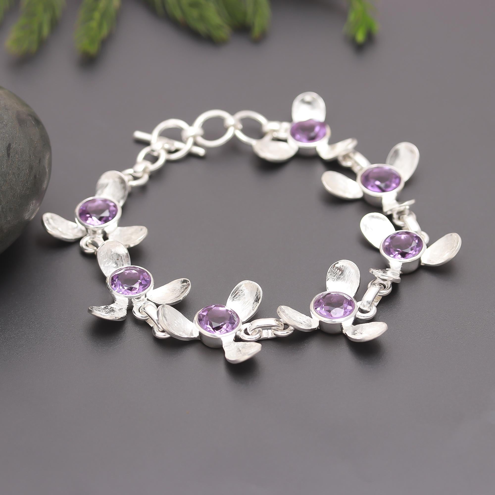 925 Silver Floral Round Amethyst Bracelet