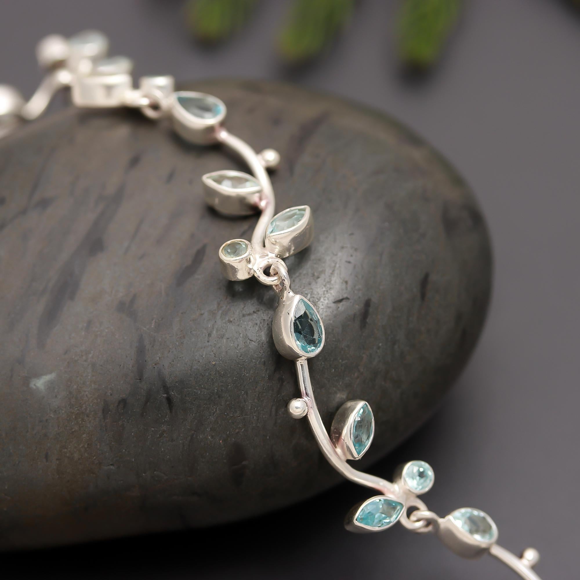 925 Silver Leafy Vine Blue Topaz Bracelet