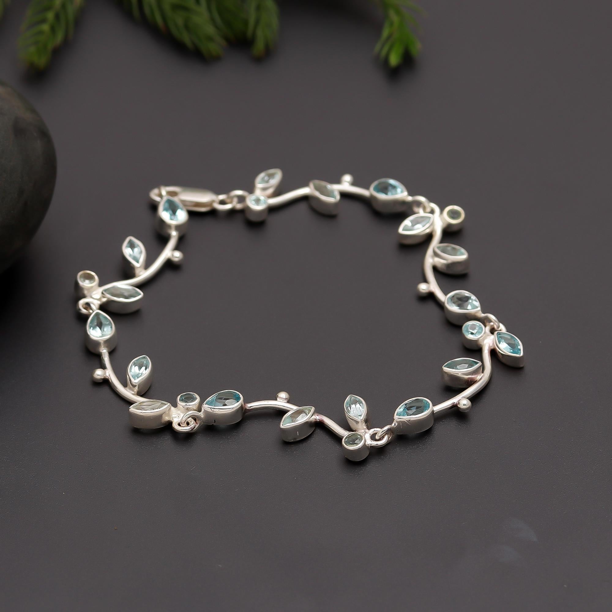 925 Silver Leafy Vine Blue Topaz Bracelet