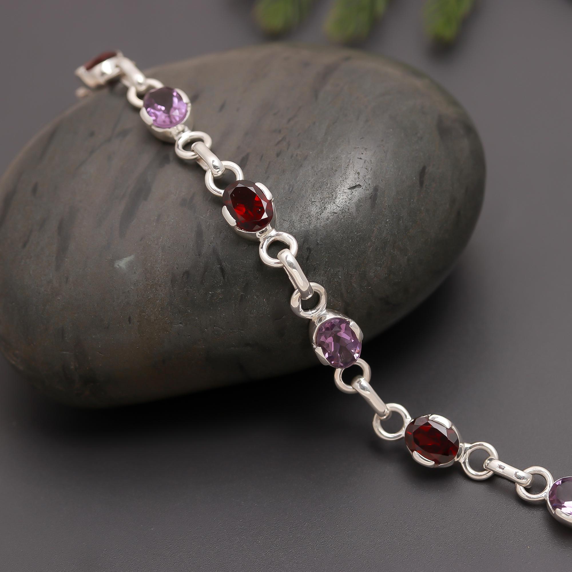 925 Silver Garnet & Amethyst Link Bracelet