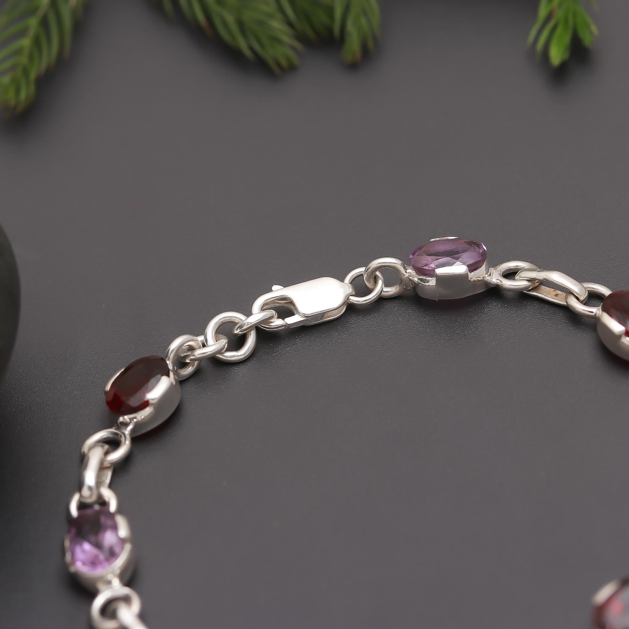 925 Silver Garnet & Amethyst Link Bracelet
