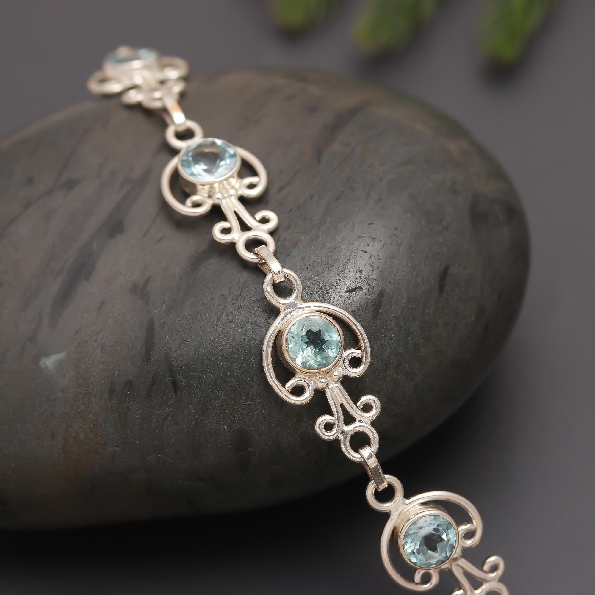 925 Silver Vintage Scroll Blue Topaz Bracelet