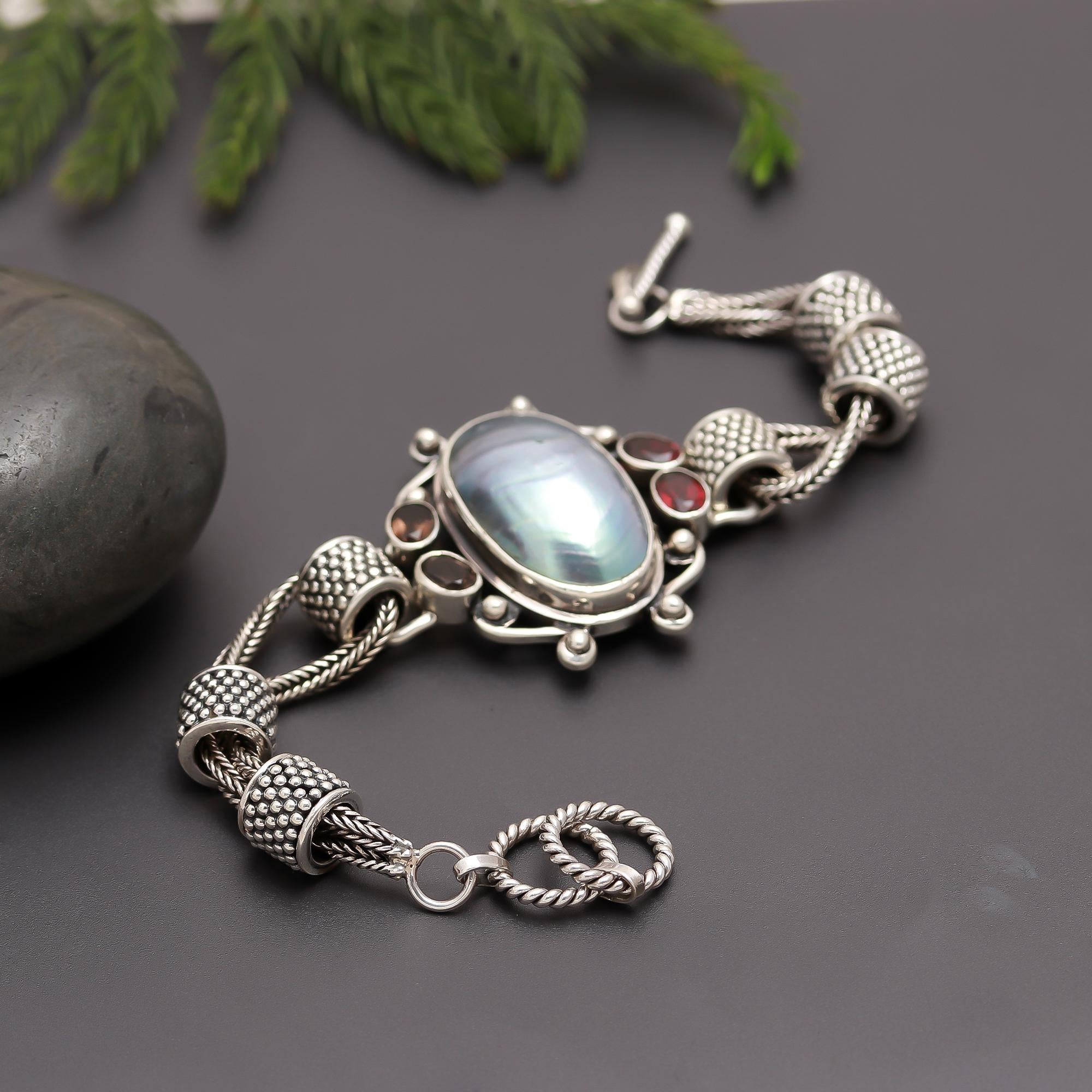 925 Silver Mother of Pearl, Garnet & Smoky Quartz Statement Bracelet