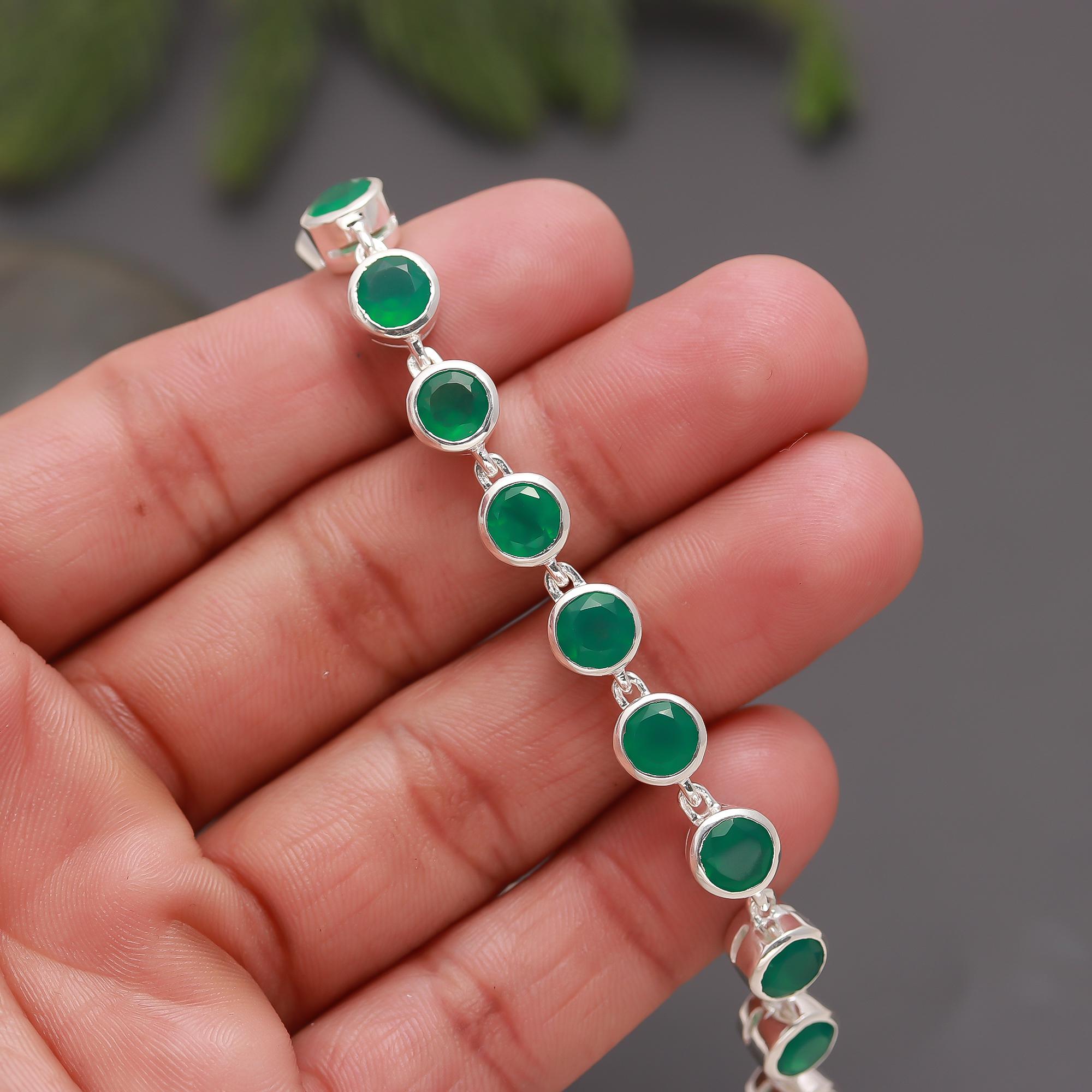 925 Silver Round Green Onyx Link Bracelet