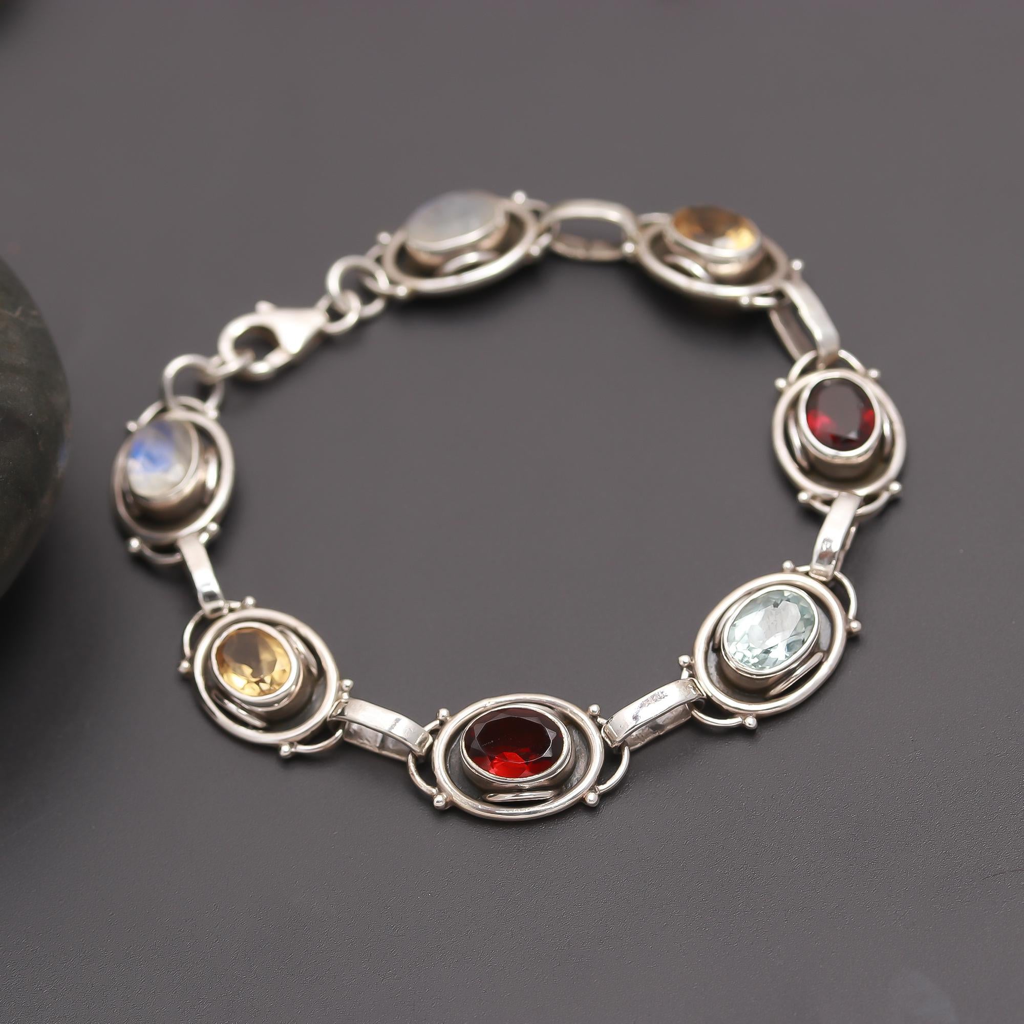 925 Silver Multi-Gemstone Oval Link Bracelet