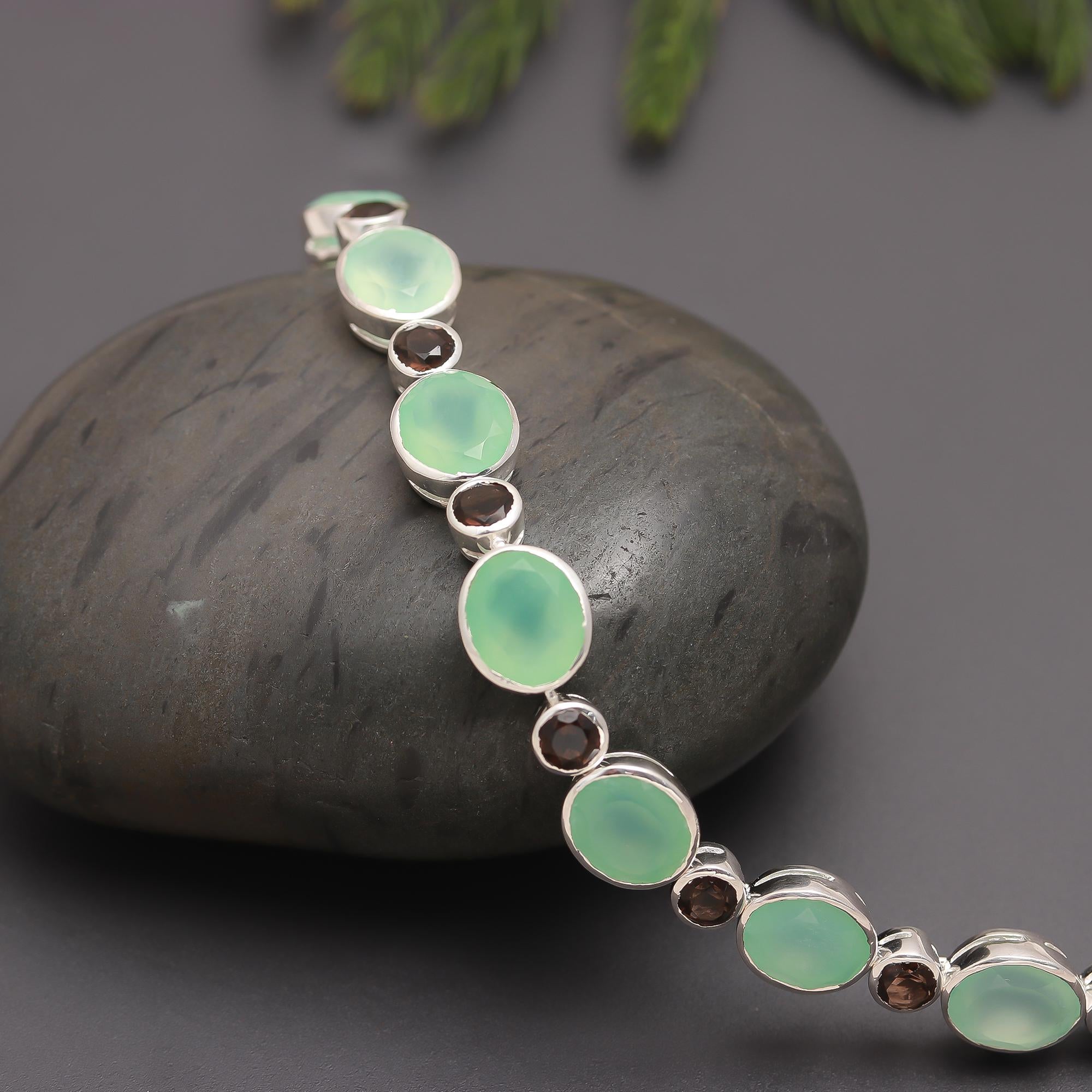 925 Silver Green Chalcedony & Smoky Quartz Link Bracelet