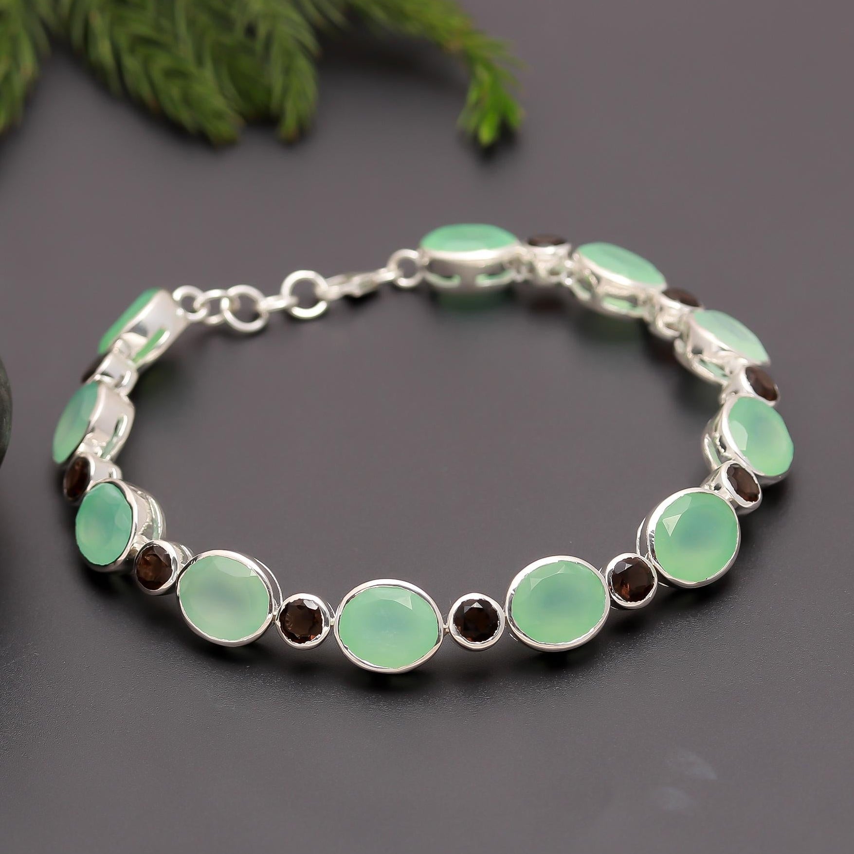 925 Silver Green Chalcedony & Smoky Quartz Link Bracelet
