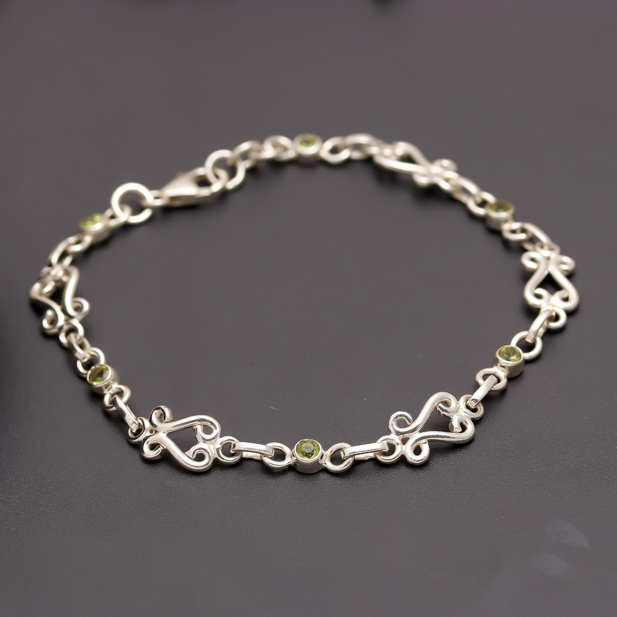 925 Silver Round Peridot Scroll Link Bracelet