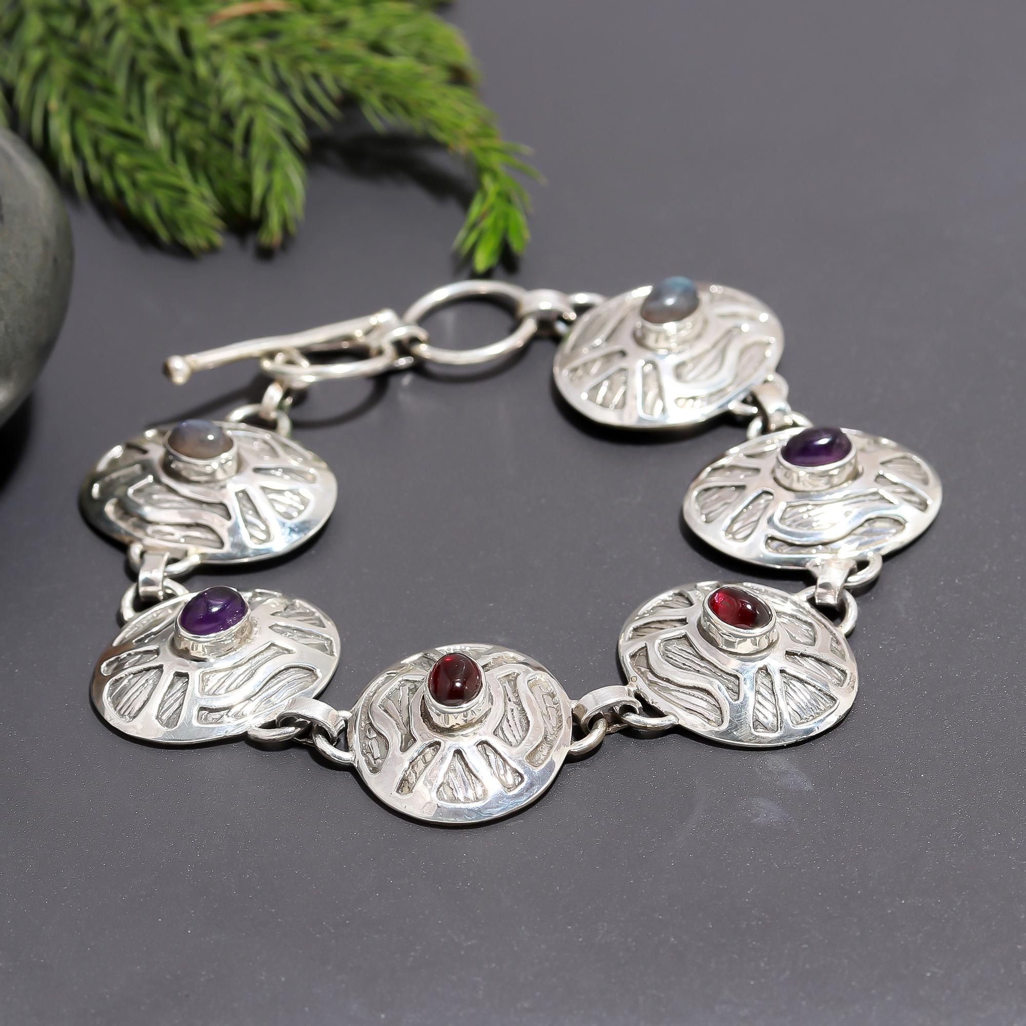 925 Silver Round Multi-Gemstone Bracelet