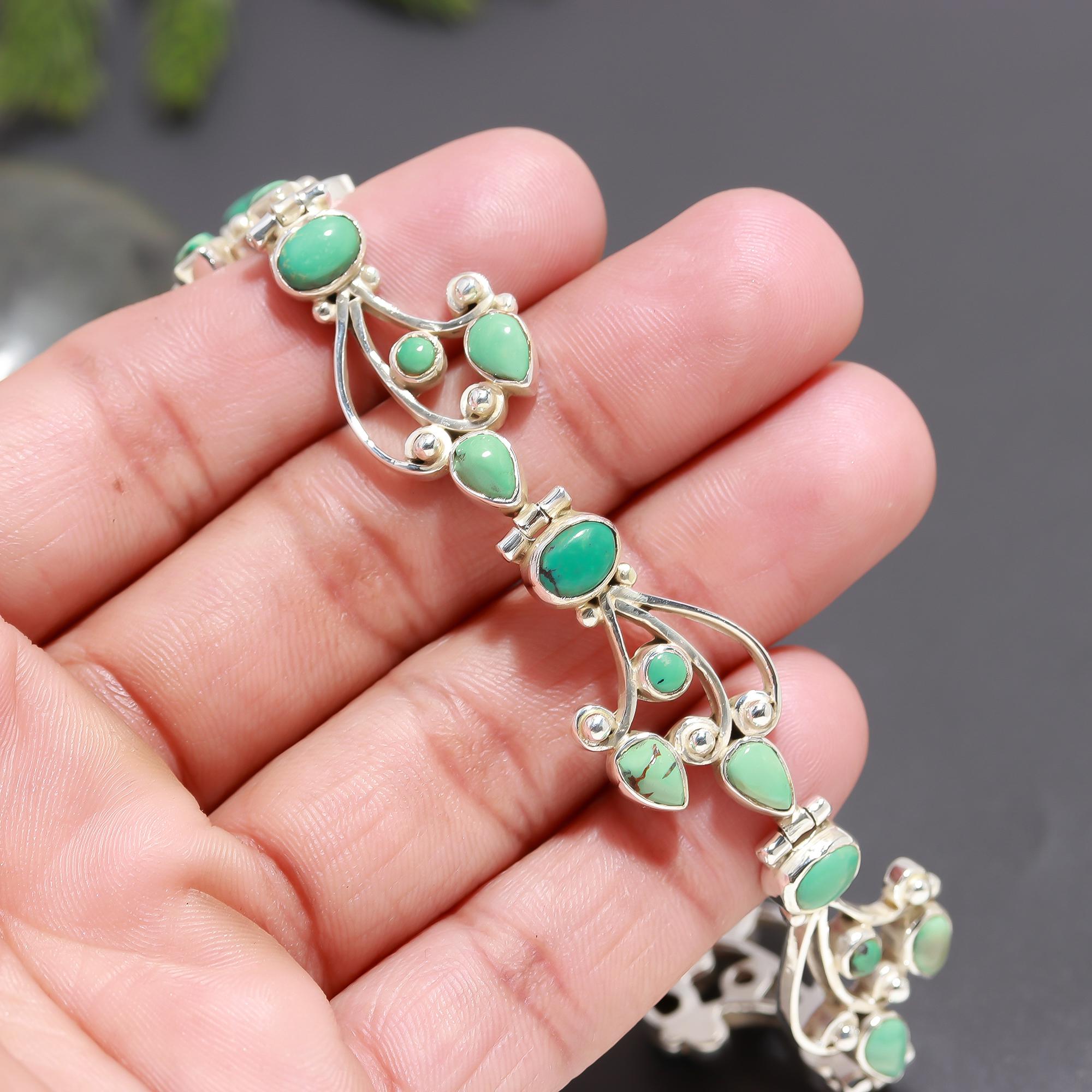 925 Silver Green Turquoise Cluster Bracelet