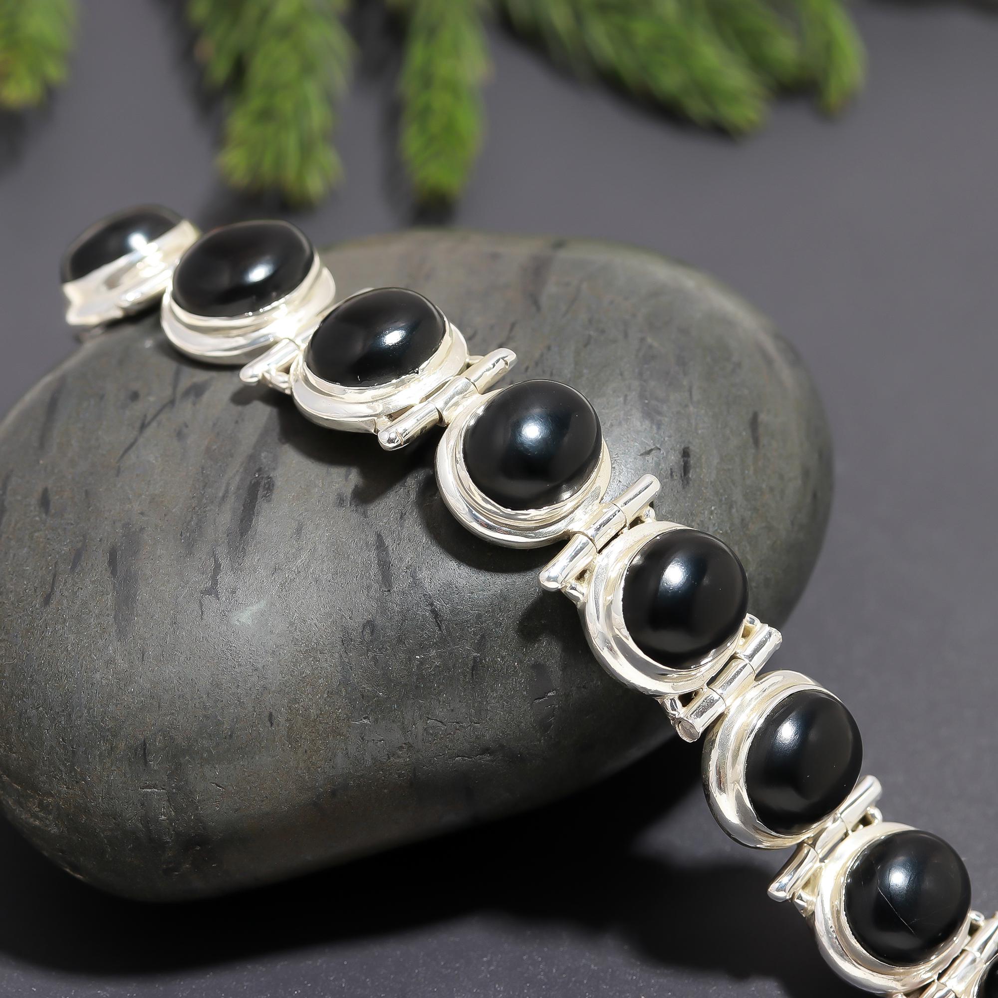 925 Silver Black Onyx Link Bracelet