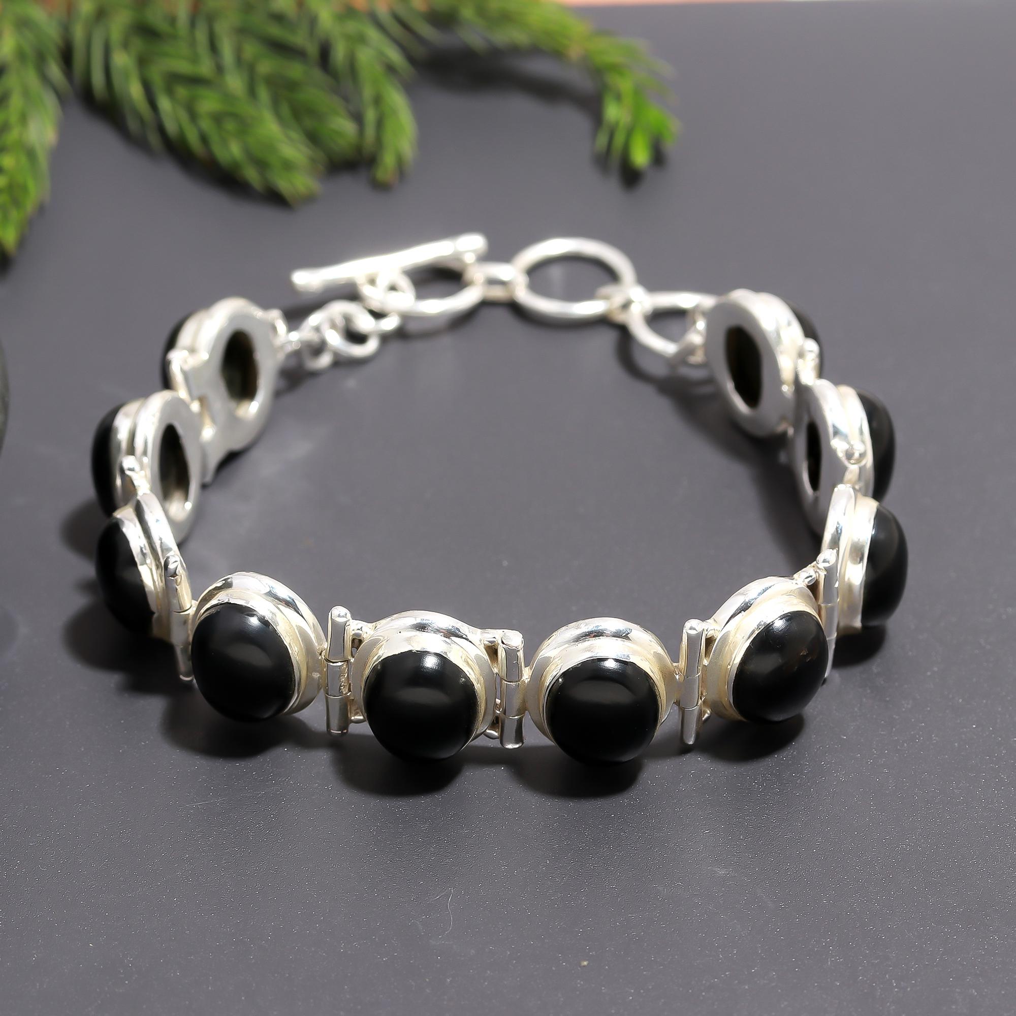 925 Silver Black Onyx Link Bracelet
