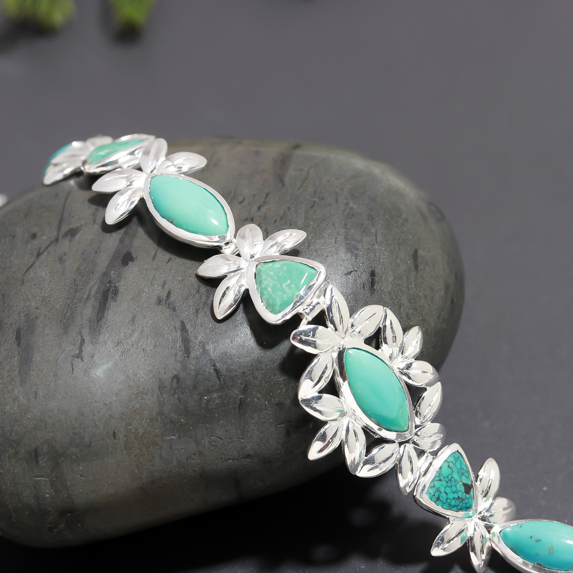 925 Silver Turquoise Floral Motif Link Bracelet