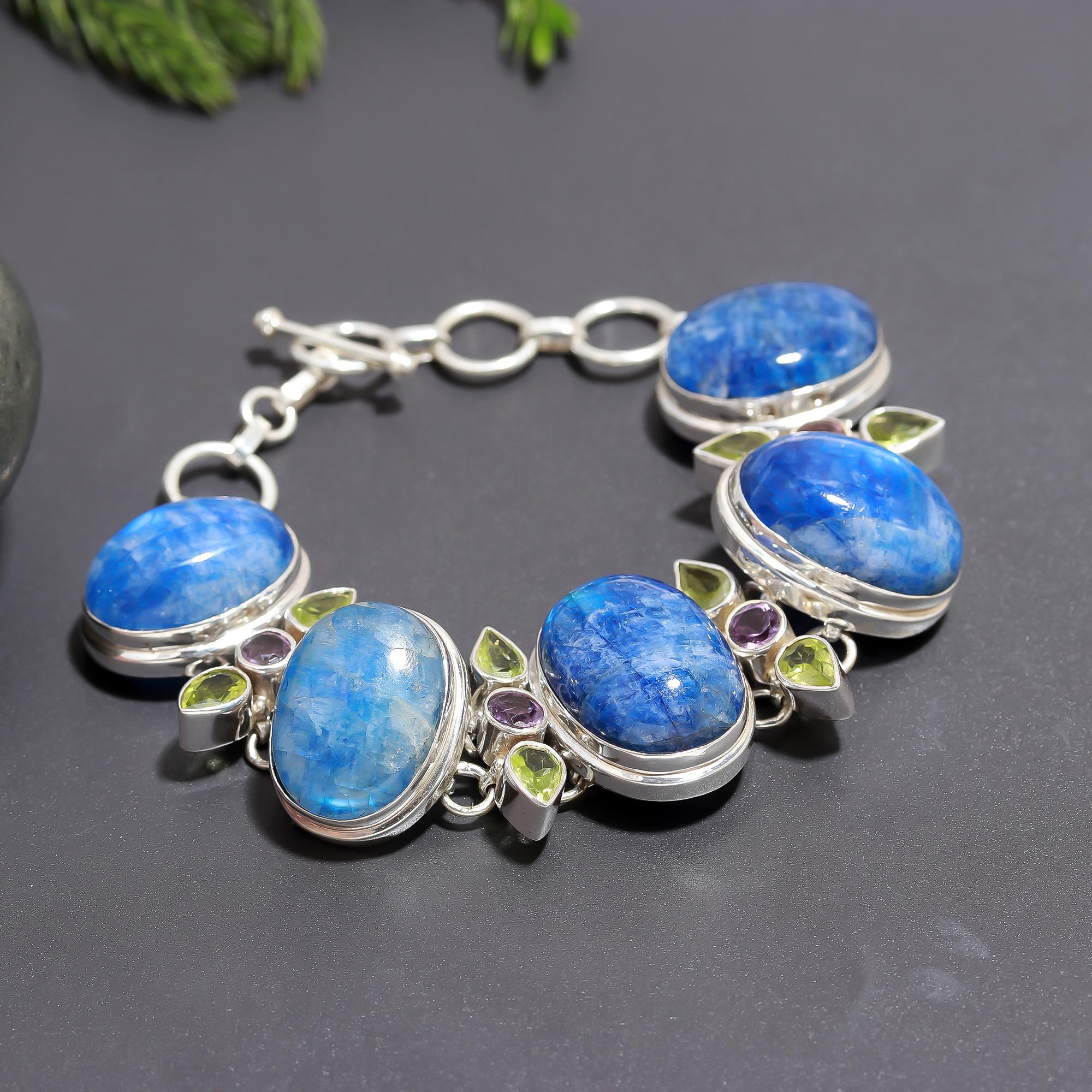 925 Silver Kyanite, Peridot & Amethyst Cluster Bracelet