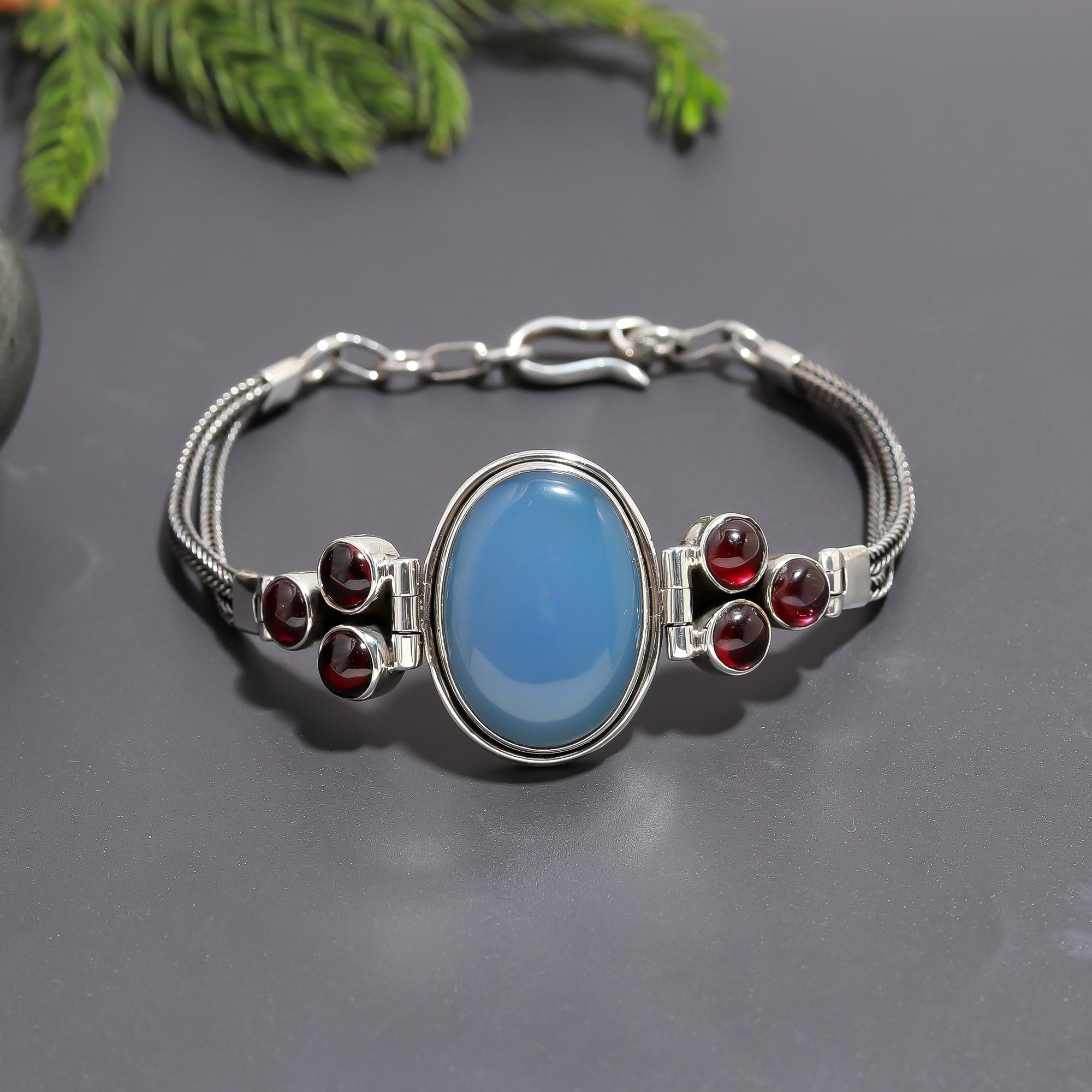 925 Silver Blue Chalcedony and Garnet Bracelet