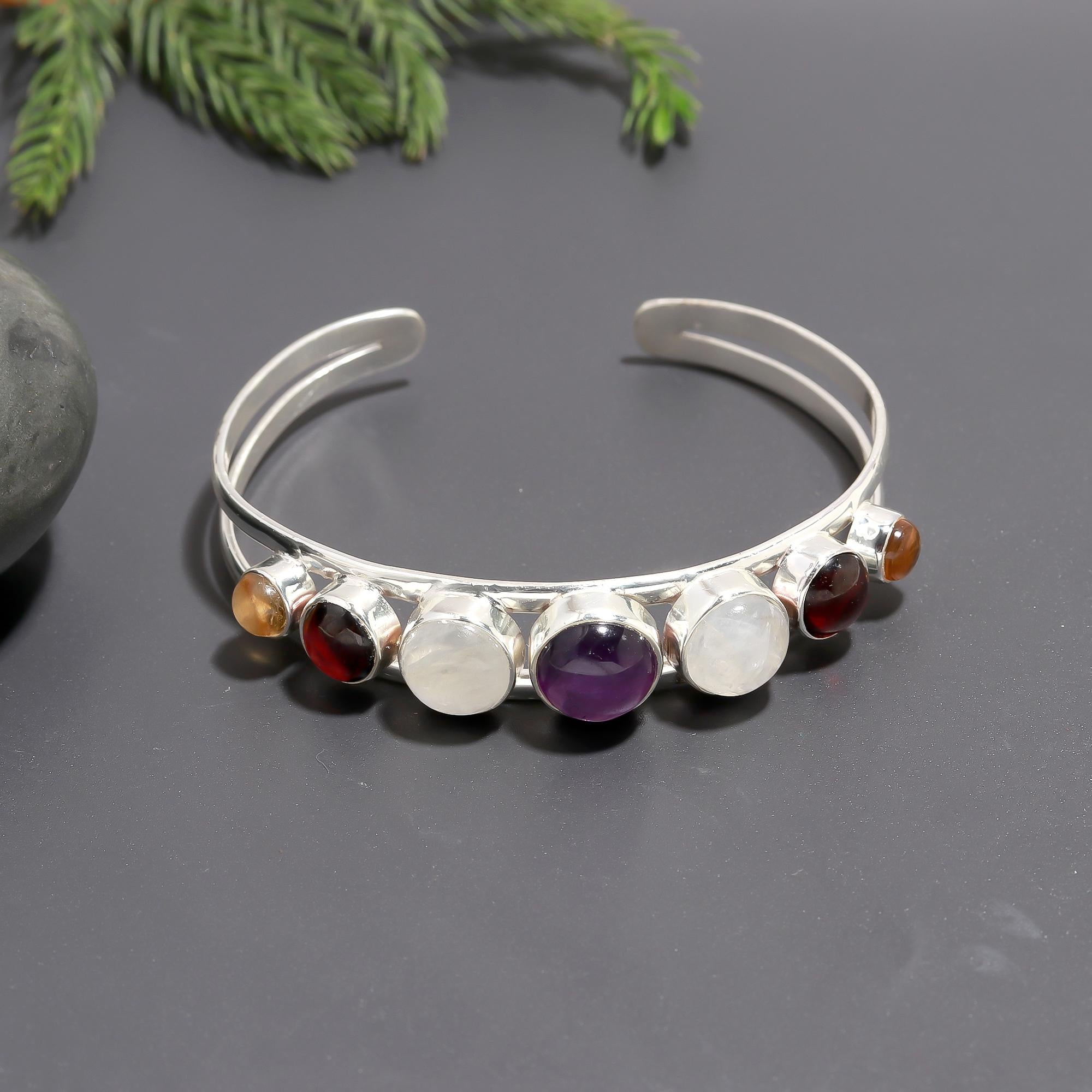 925 Silver Multi-Gemstone Cuff Bracelet