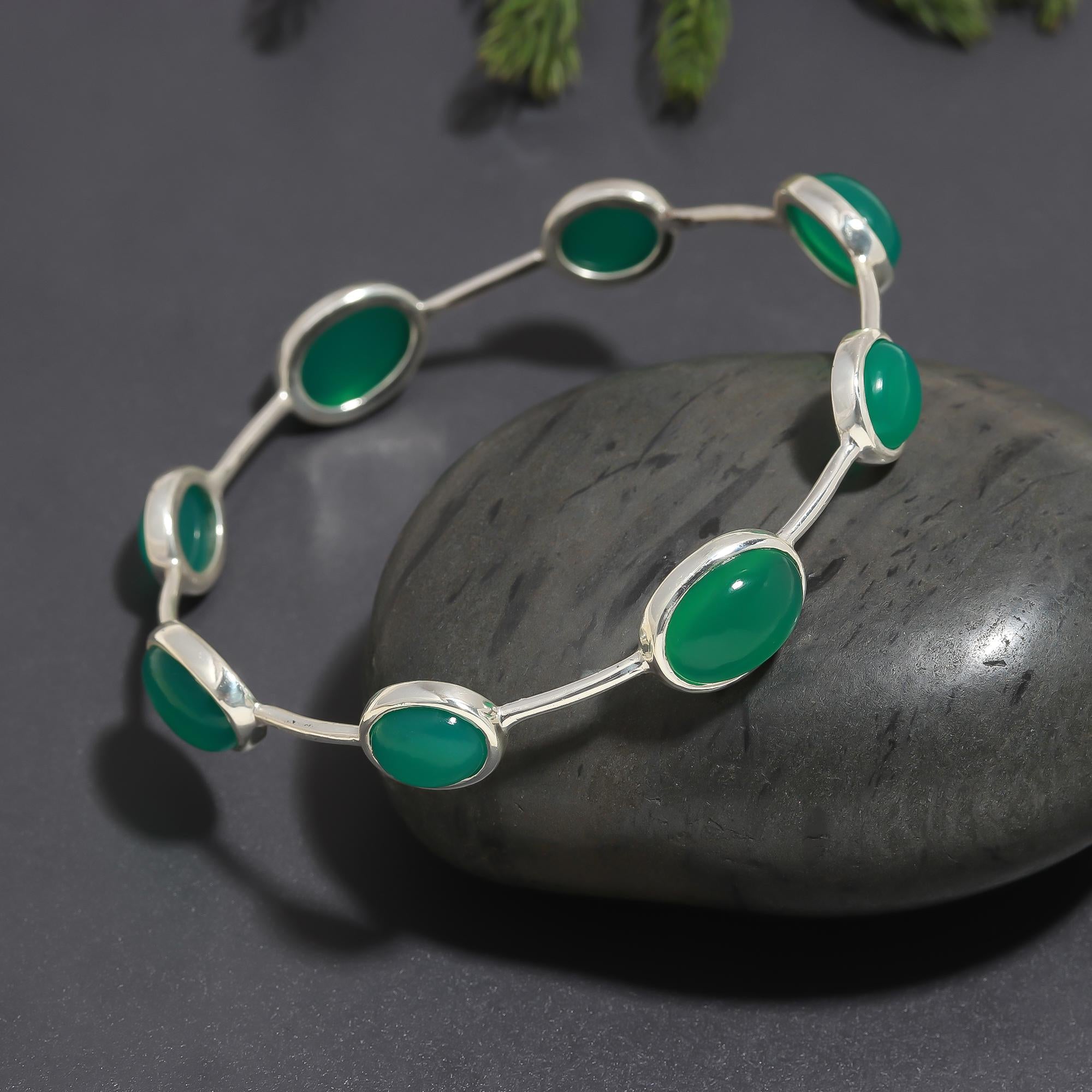 925 Silver Oval Green Onyx Bangle Bracelet