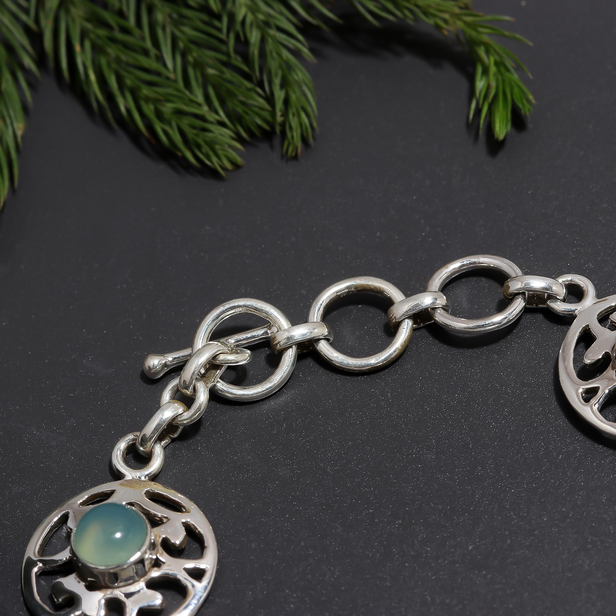 925 Silver Filigree Green Chalcedony Bracelet