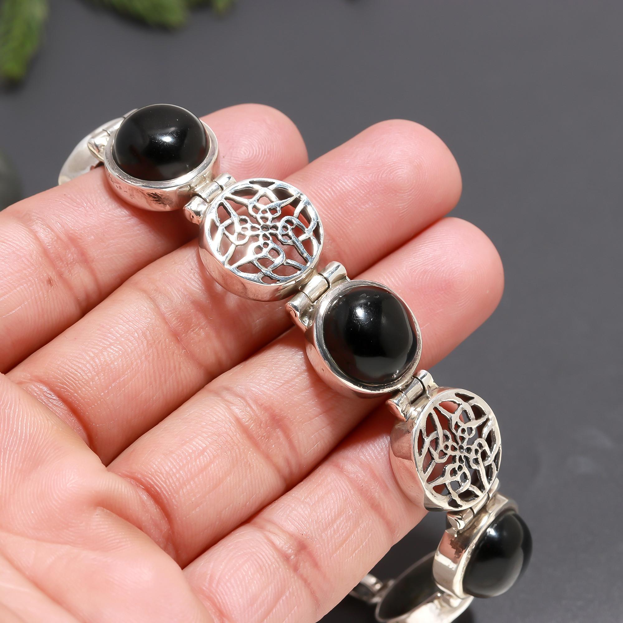 925 Silver Filigree & Black Onyx Link Bracelet