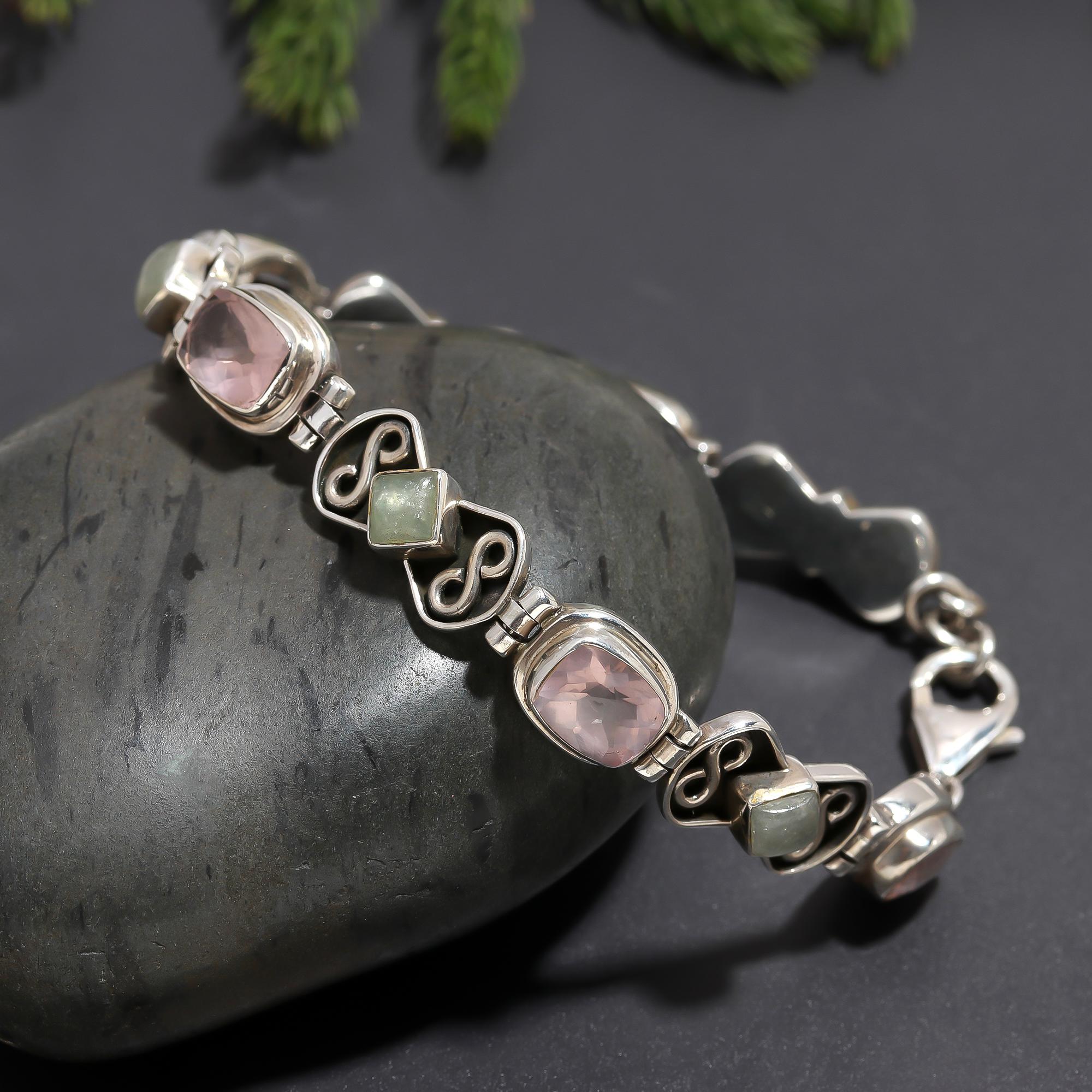 925 Silver Rose Quartz & Green Aventurine Link Bracelet