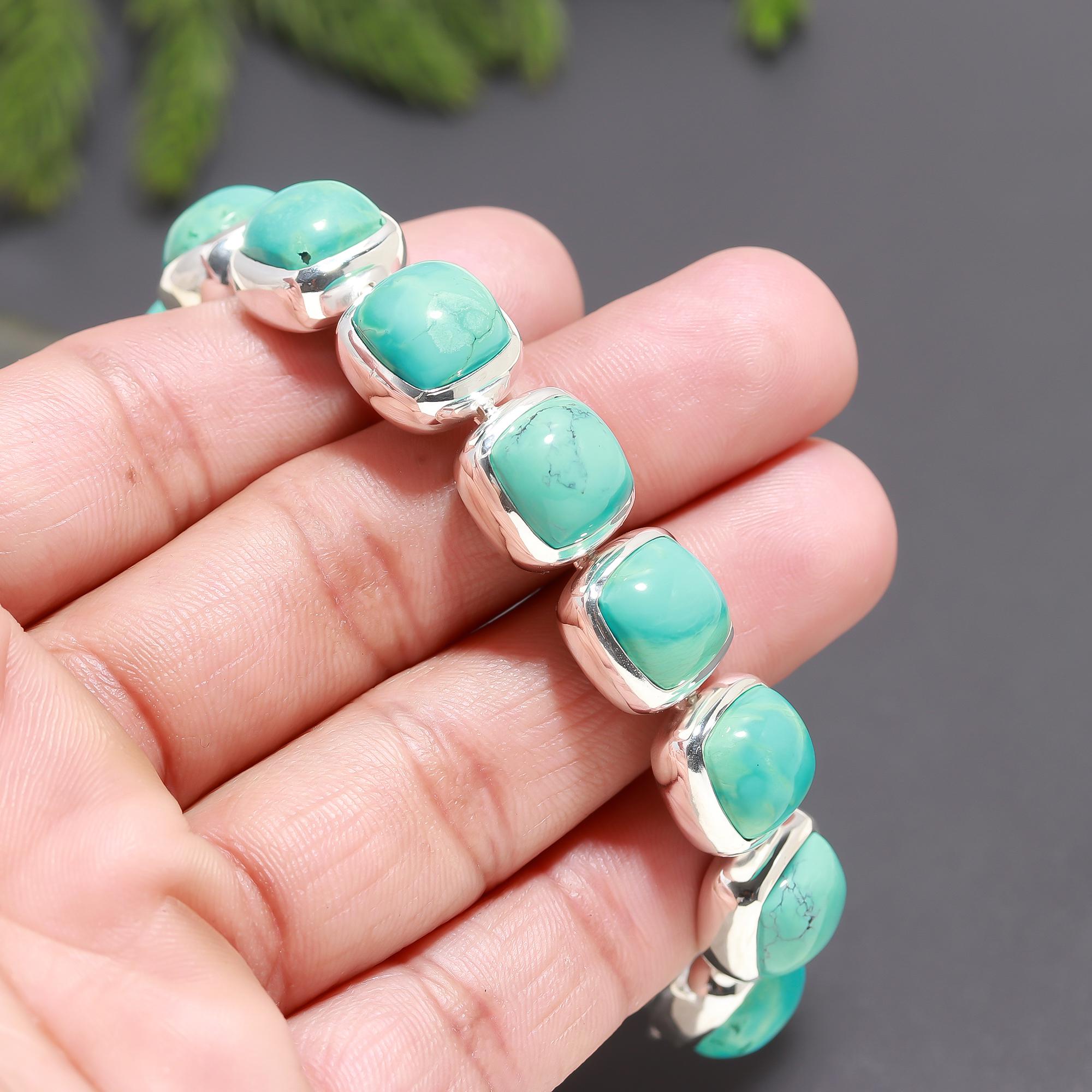 925 Silver Cushion-Cut Turquoise Link Bracelet