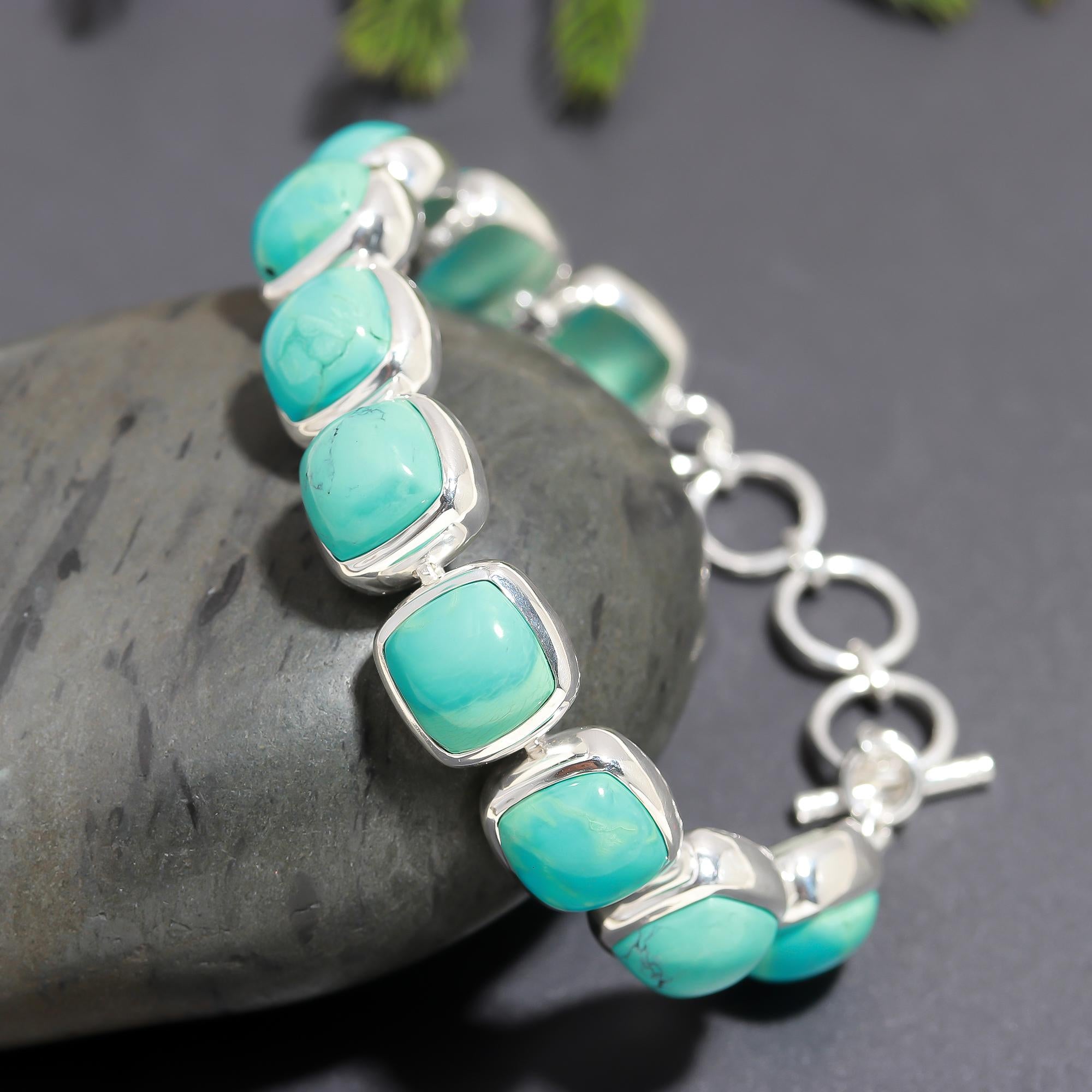 925 Silver Cushion-Cut Turquoise Link Bracelet