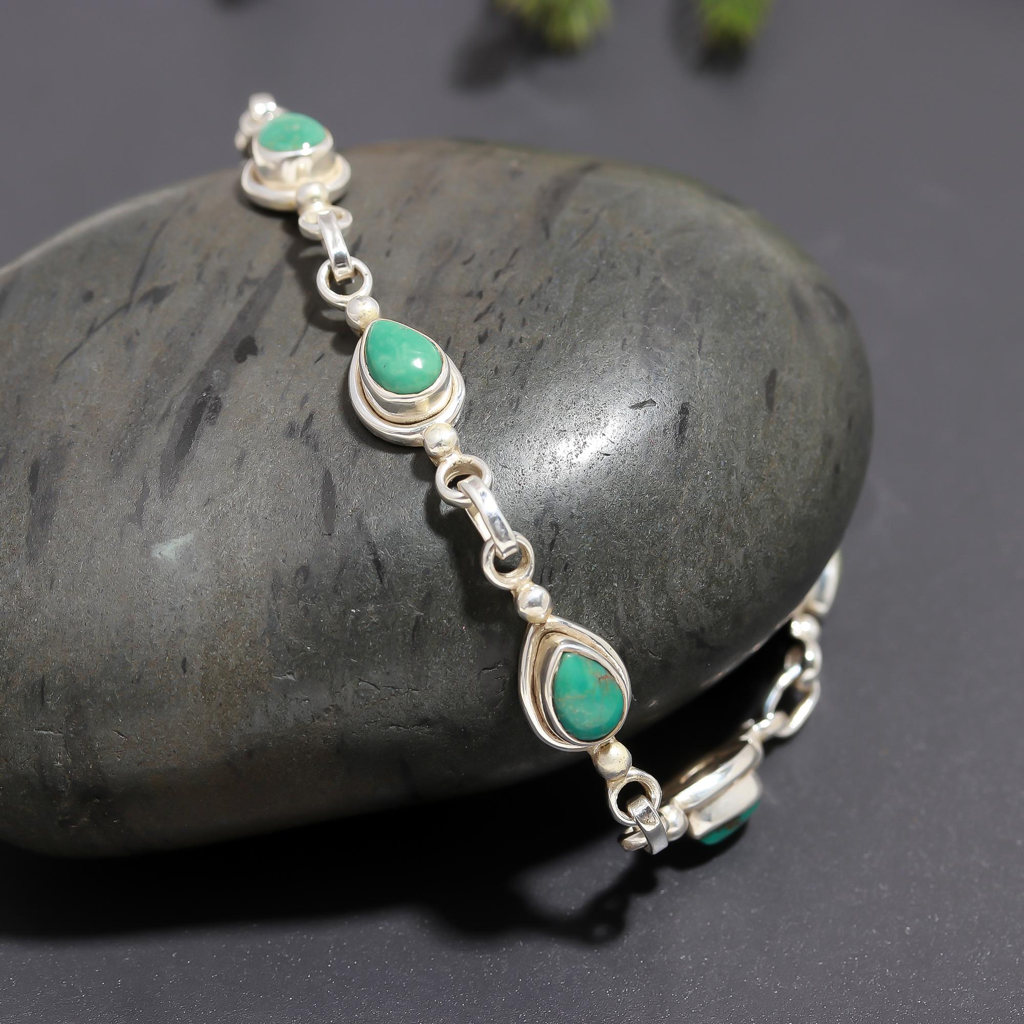 925 Silver Teardrop Turquoise Link Bracelet