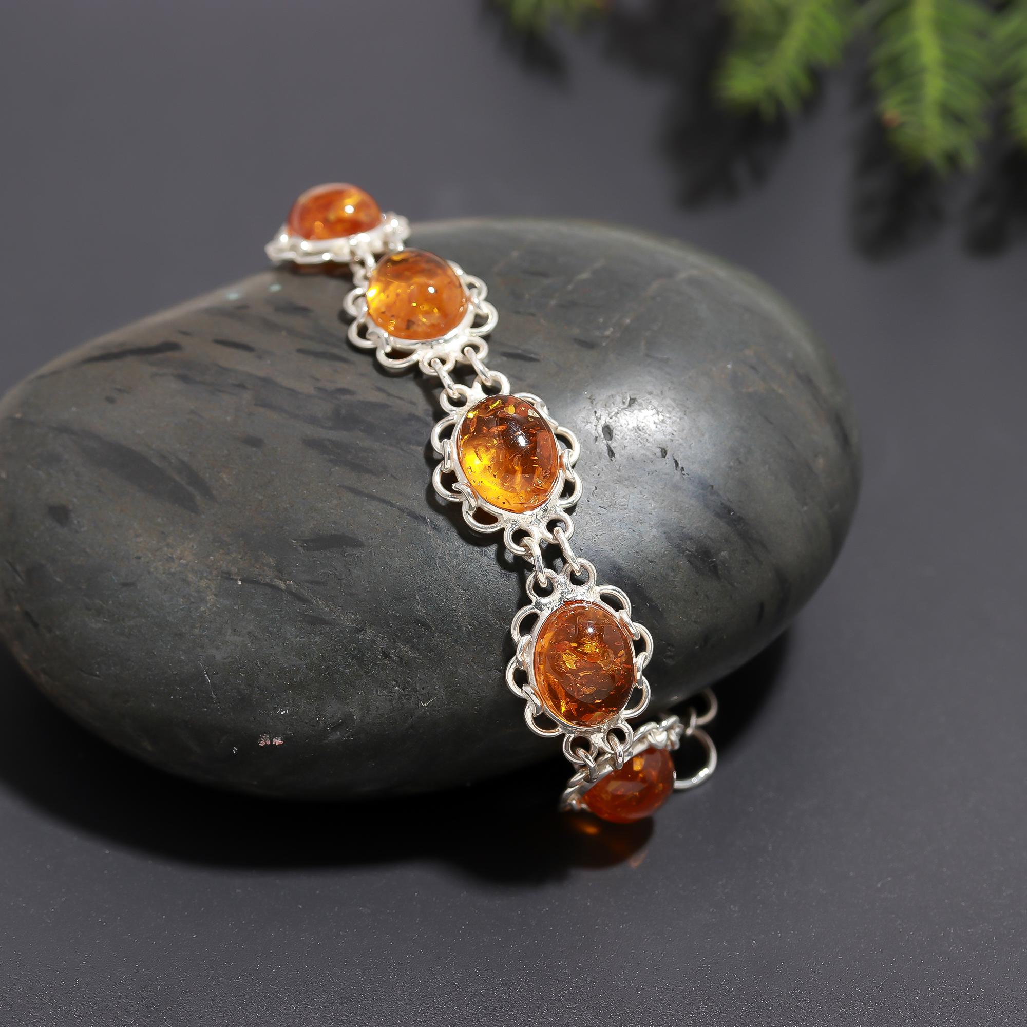 925 Silver Oval Amber Link Bracelet
