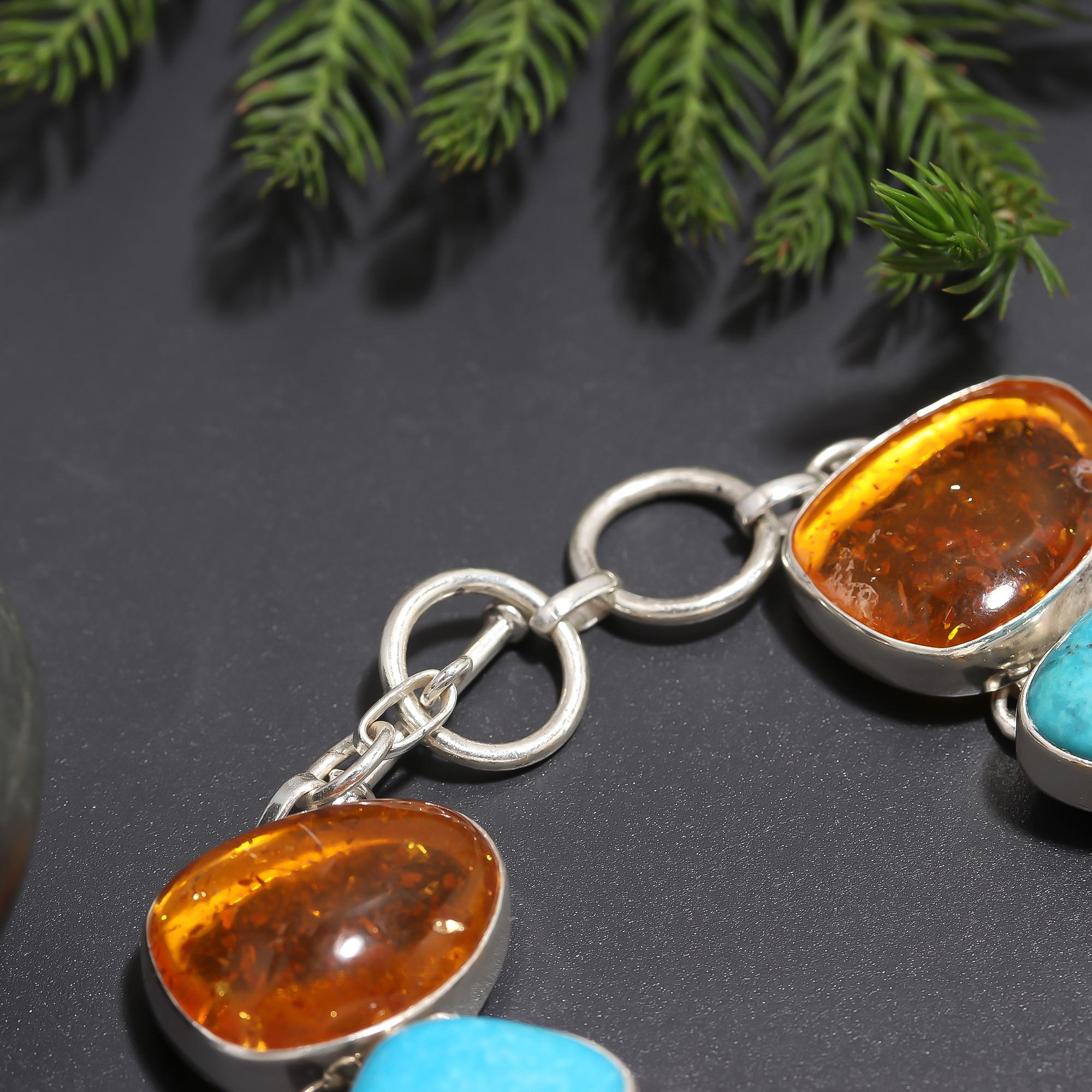 925 Silver Amber and Turquoise Statement Bracelet