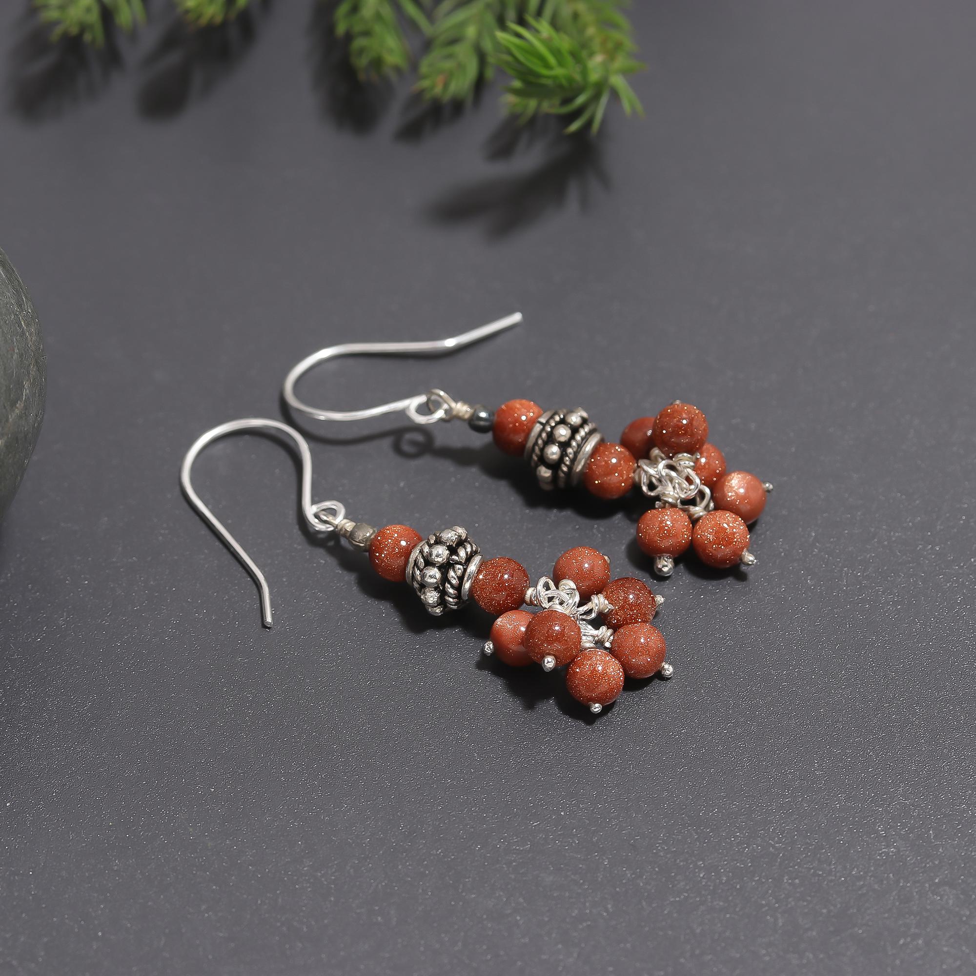 925 Silver Goldstone Cluster Drop Earrings