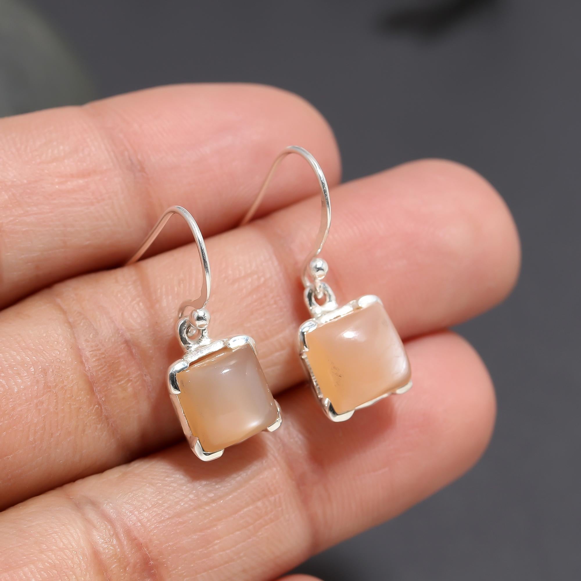 925 Silver Peach Moonstone Drop Earrings