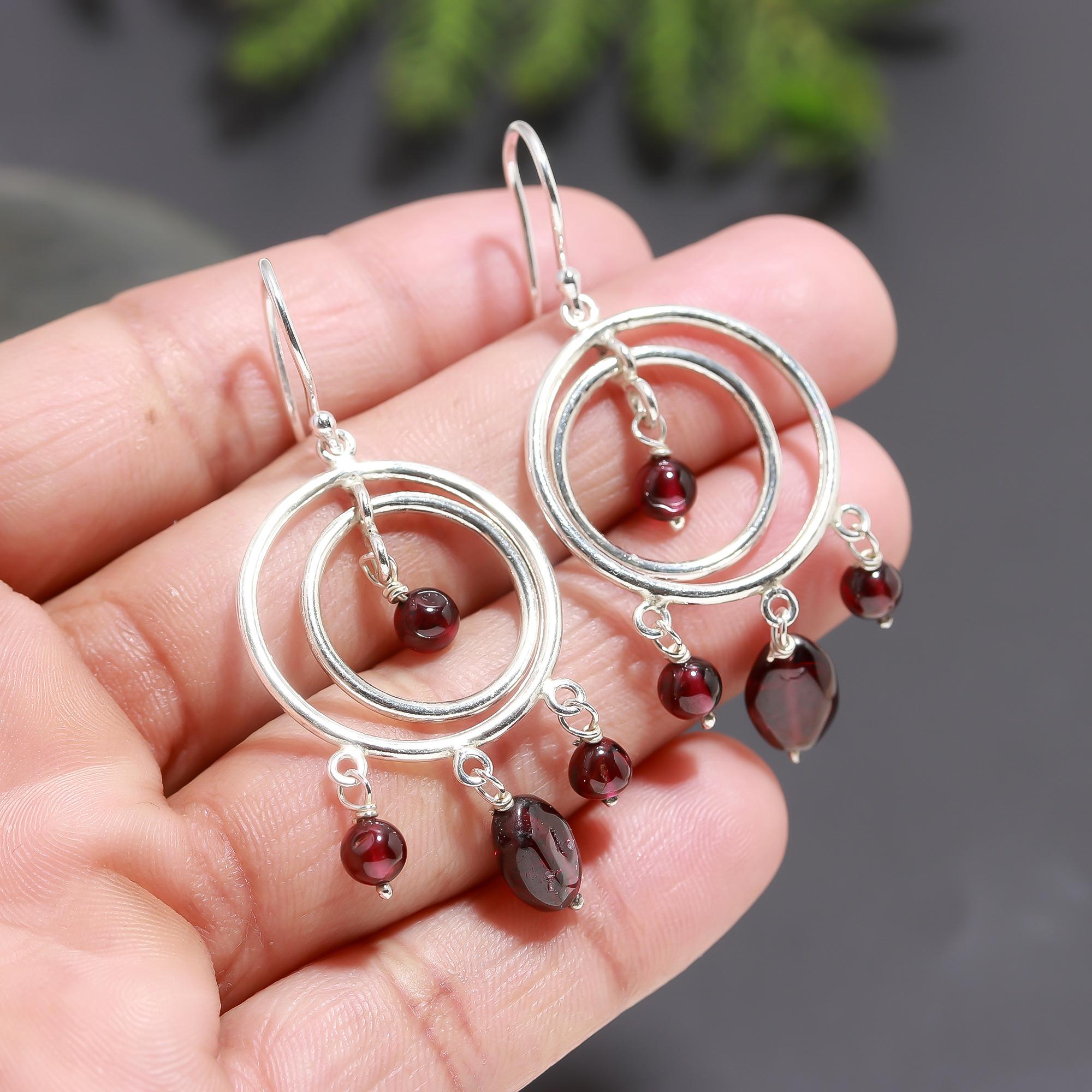 925 Silver Garnet Dangle Earrings