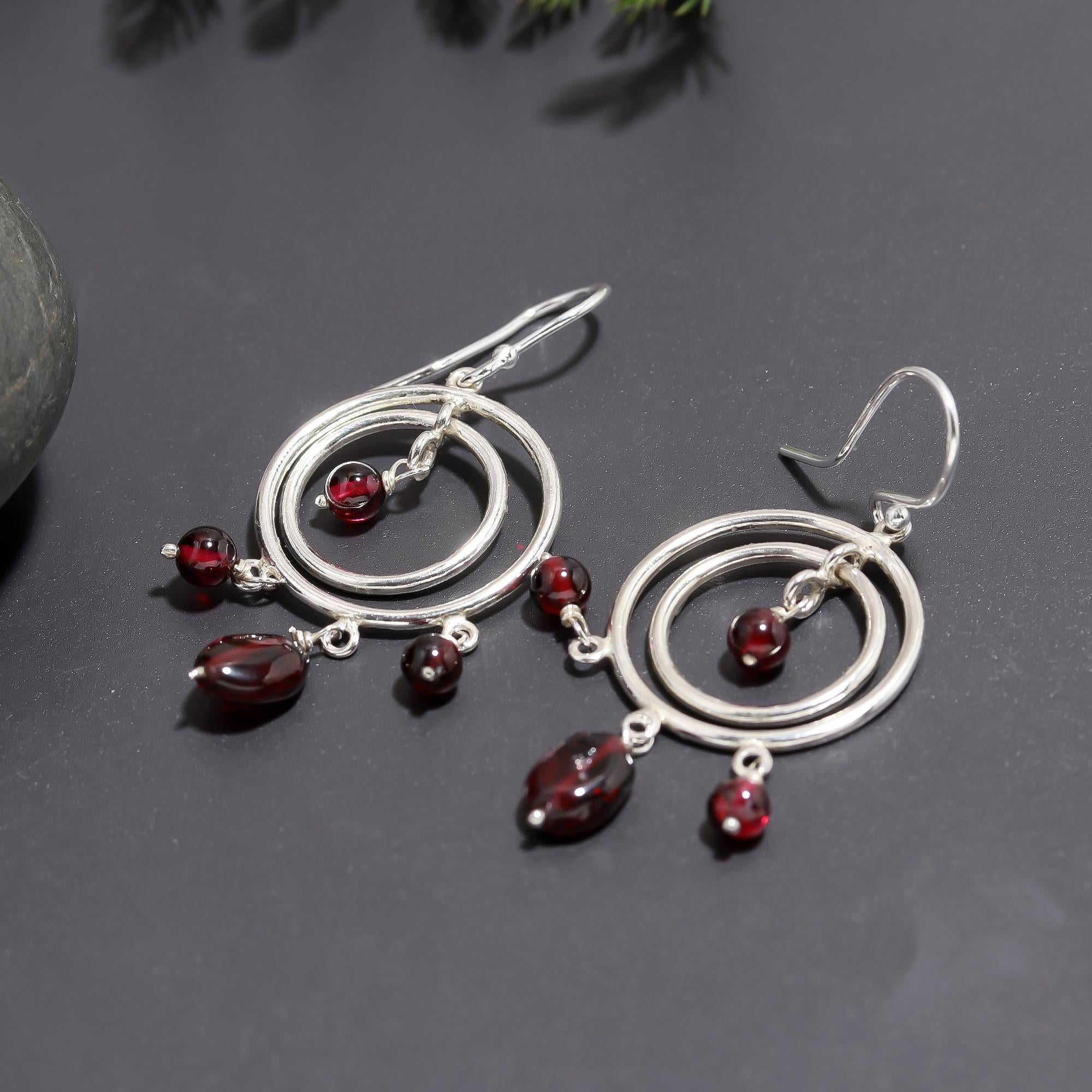925 Silver Garnet Dangle Earrings